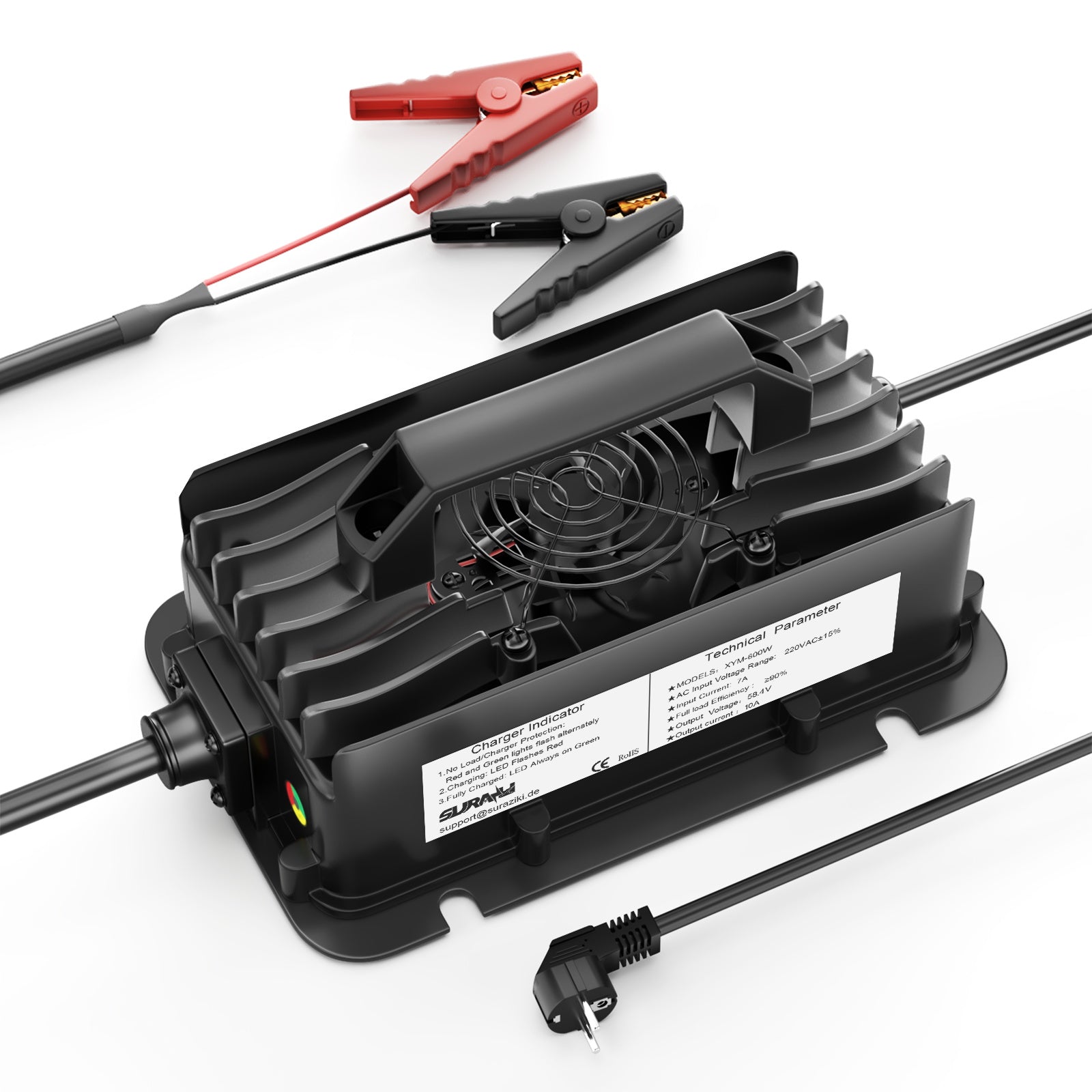Suraziki 51,2V (48V 16)SLiFePO4 batterioplader, 58,4V 10A vandtæt litiumoplader, 0V BMS-aktivering, automatisk afbrydelse