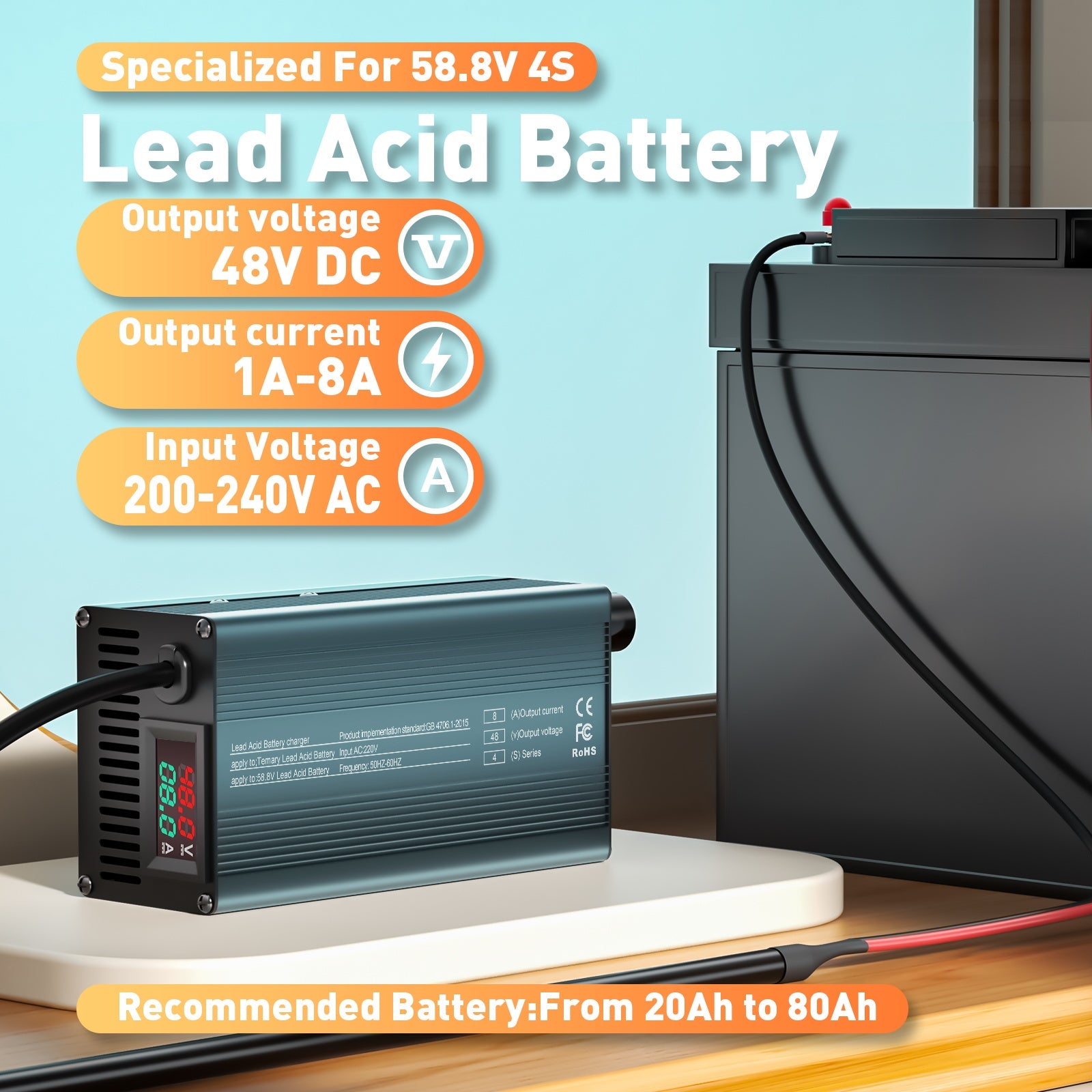 Suraziki 48 V 1–8 A Strom einstellbares Batterieladegerät, funktioniert mit allen Blei-Säure-Batterien (geflutet, versiegelt, AGM, Gel), LCD-Display, Kühlventilatoren, Gehäuse aus Aluminiumlegierung