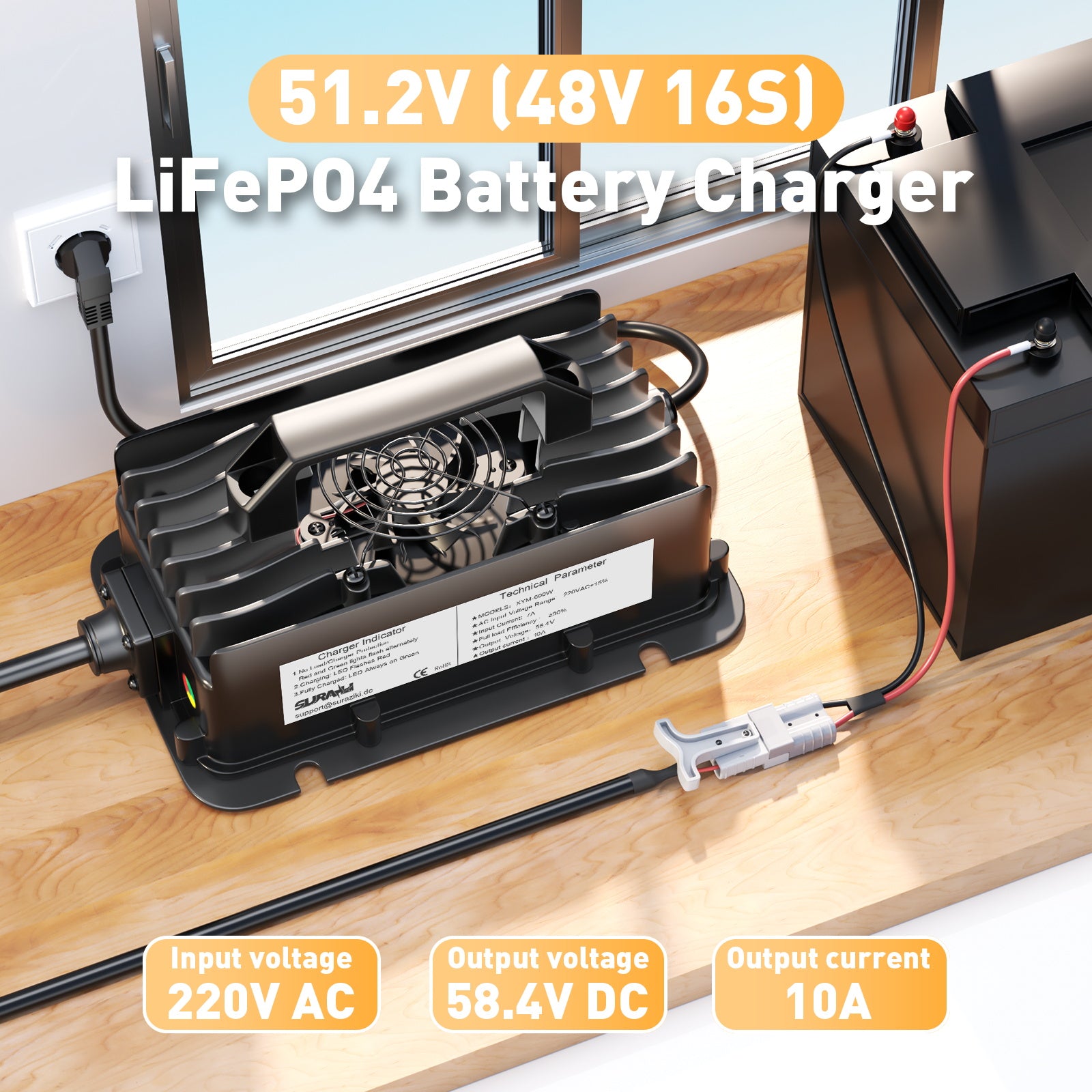 Suraziki 51,2V (48V 16)SLiFePO4 batterioplader, 58,4V 10A vandtæt litiumoplader, 0V BMS-aktivering, automatisk afbrydelse
