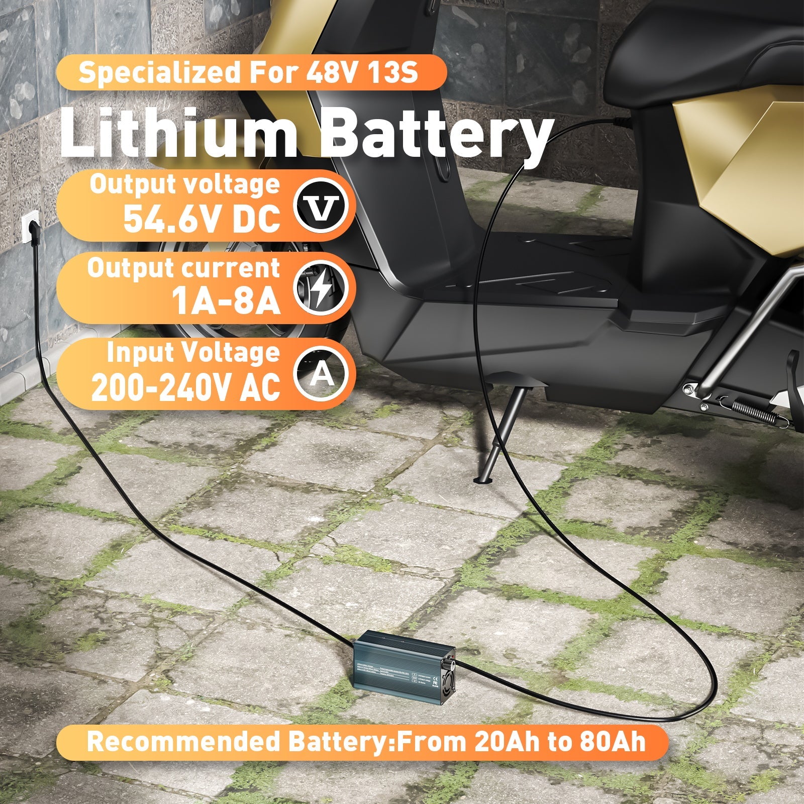 Suraziki 54.6V 1-8A current adjustable lithium battery charger for 13S 48V Li-ion / ternary lithium / polymer battery, LCD display, cooling fan, aluminum case