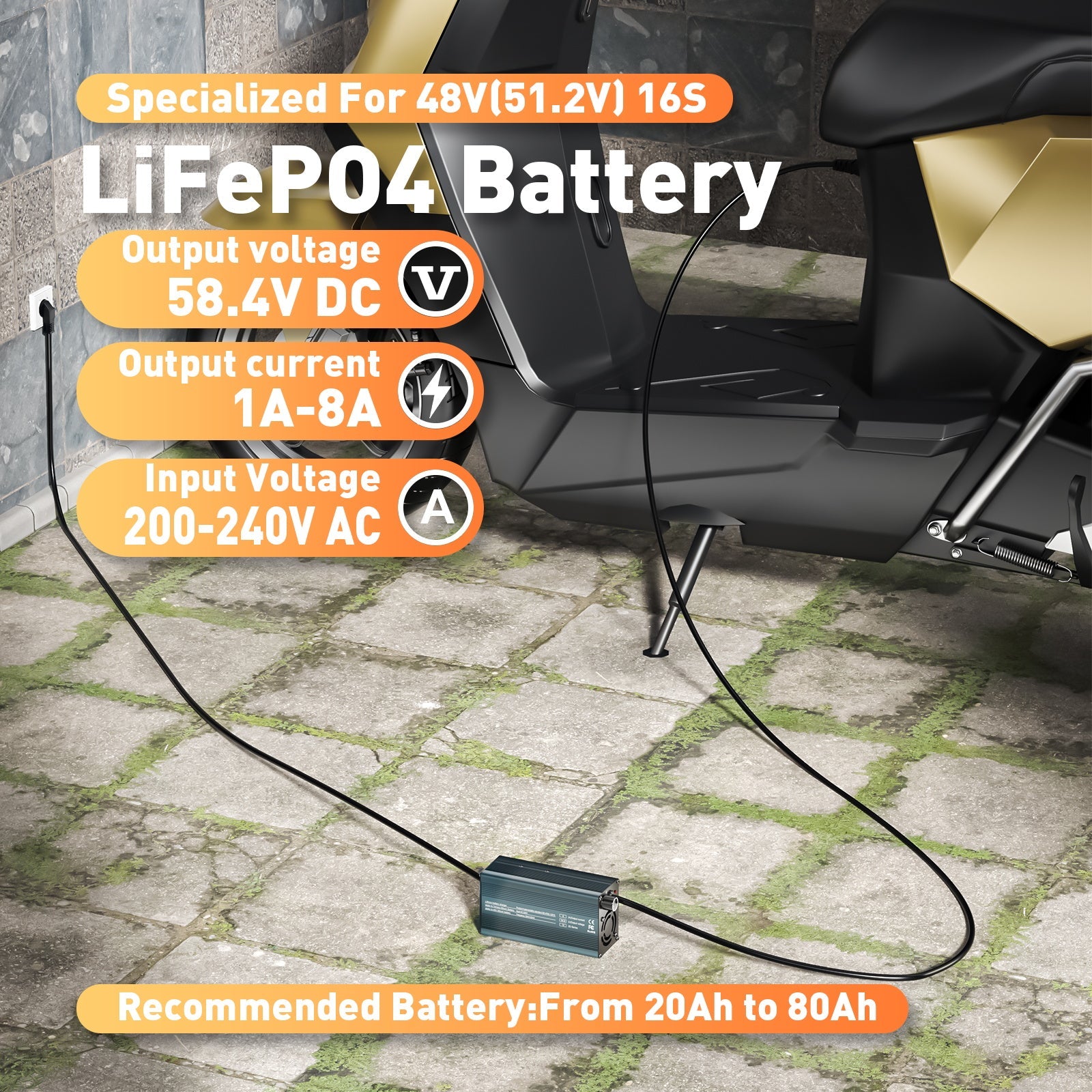Suraziki 58,4V 1-8A strømjusterbar Lithium LiFePO4 batterioplader til 51,2V (48V) LiFePO4 batteri, golfvogn, trollingmotor, autocamper, bådbatterioplader