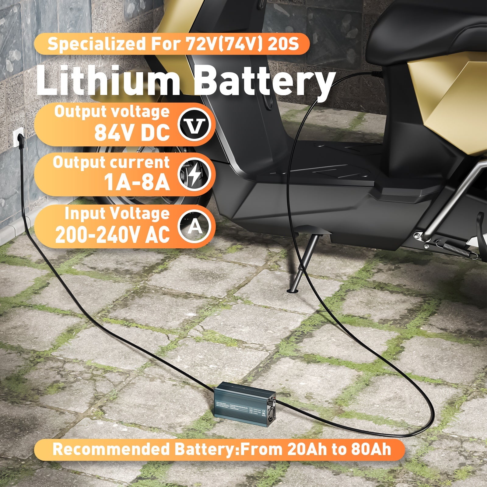 Suraziki 84V 1-8A justerbar litiumbatterioplader til 20S 74V 72V Li-ion / ternært lithium / polymer batteri, Ebike Scooter elektrisk motorcykel batterioplader