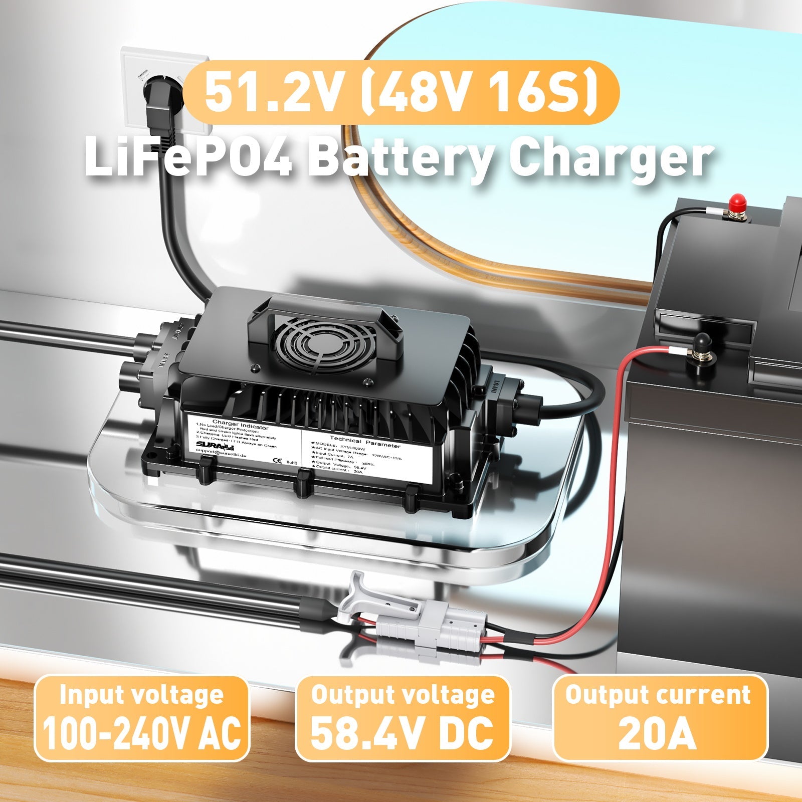 Suraziki 51,2V (48V 16)SLiFePO4 batterioplader, 58,4V 20A vandtæt litiumoplader, 0V BMS-aktivering, til golfvogn, trollingmotor