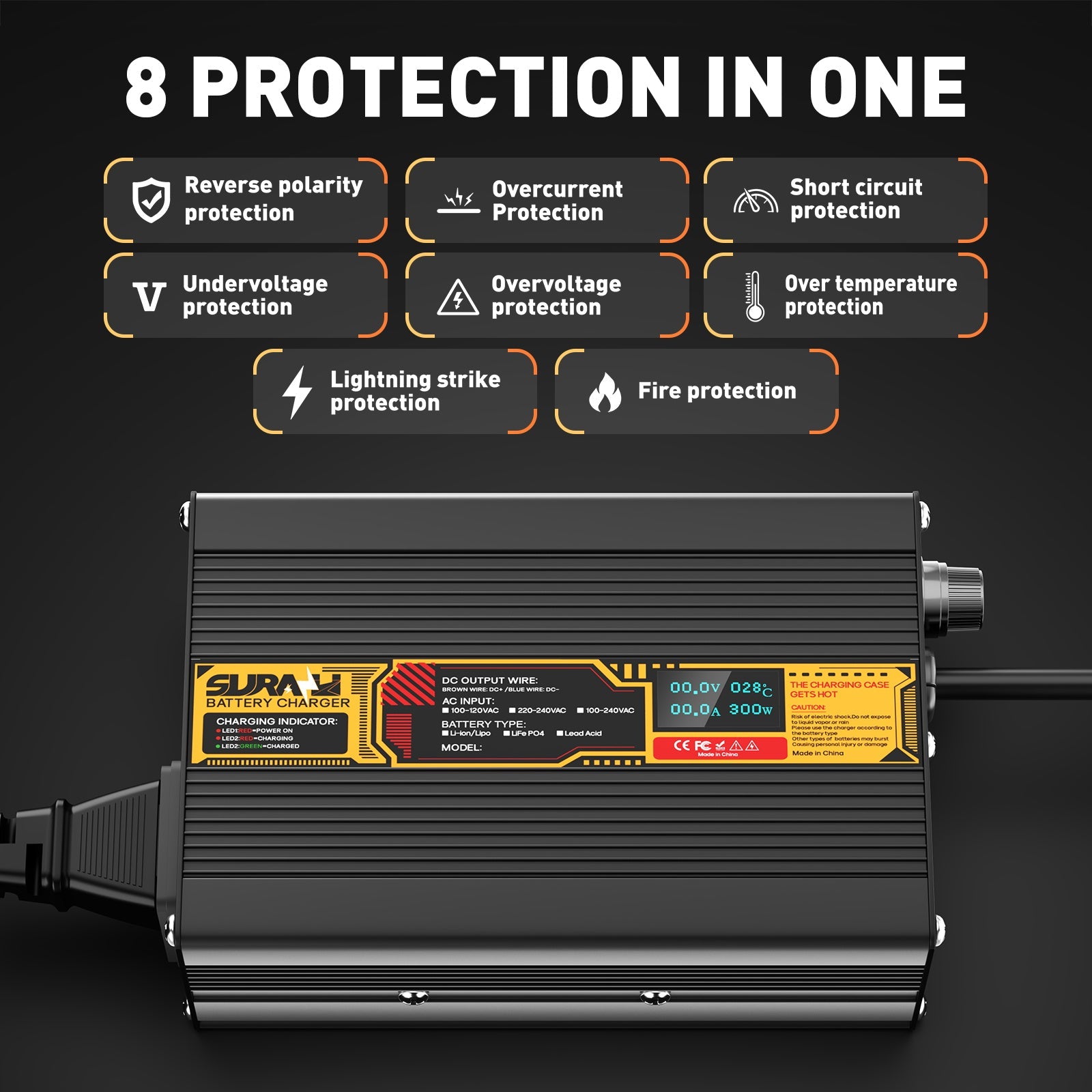 Suraziki LiFePO4 73V 2A batterioplader til 60V/64V litiumjernfosfatbatterier, LED-display, fuld beskyttelse