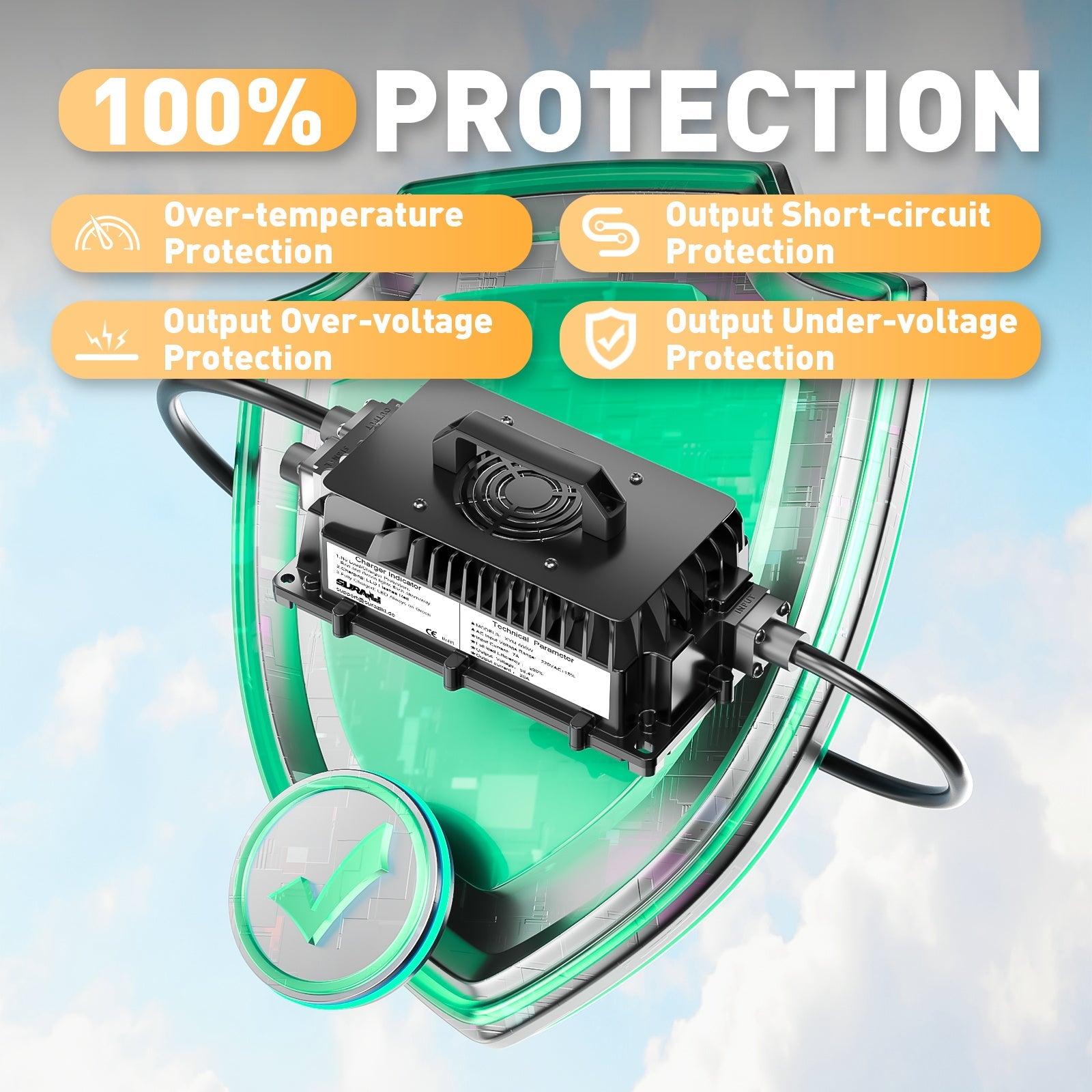 Suraziki 51,2V (48V 16)SLiFePO4 batterioplader, 58,4V 20A vandtæt litiumoplader, 0V BMS-aktivering, til golfvogn, trollingmotor