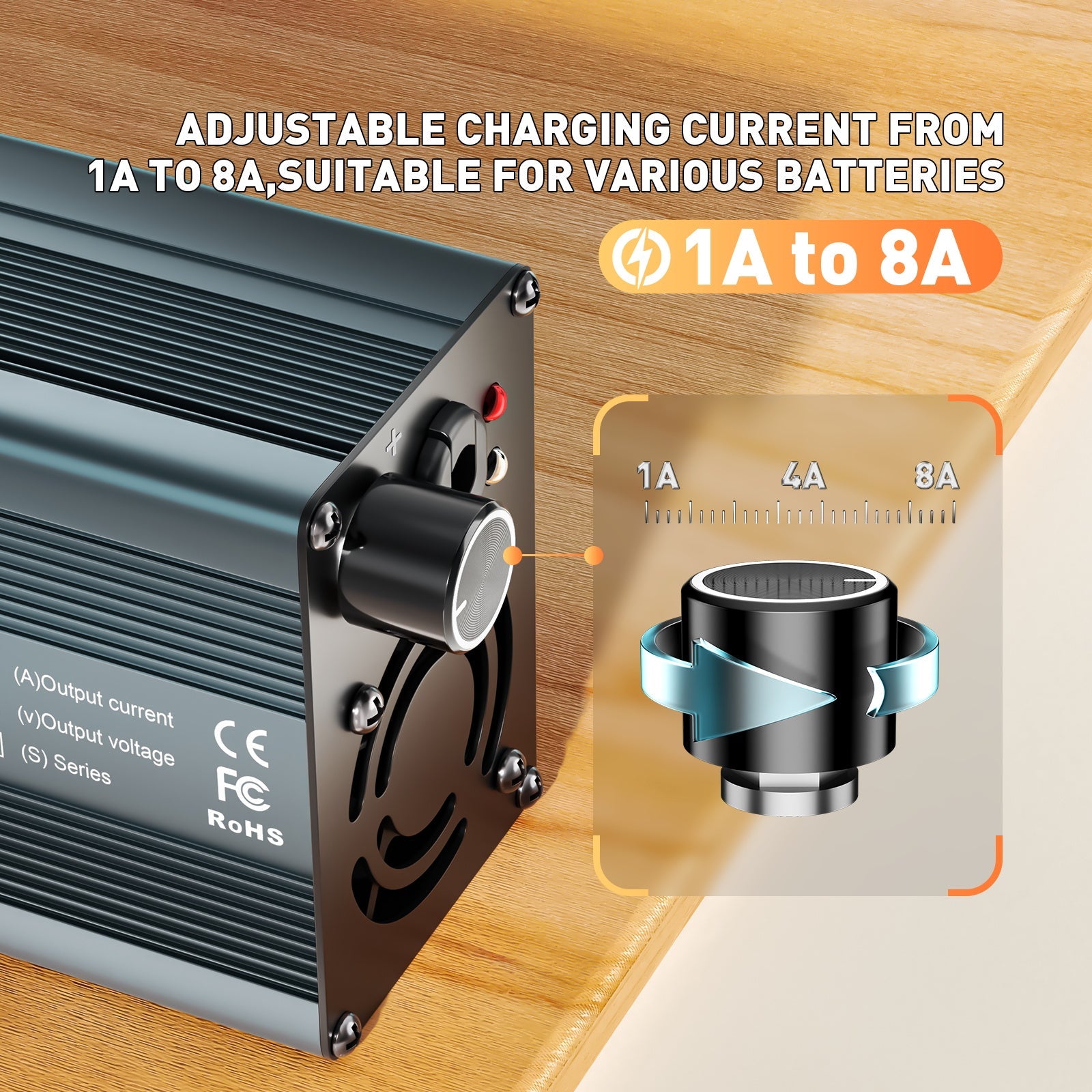 Suraziki 54.6V 1-8A current adjustable lithium battery charger for 13S 48V Li-ion / ternary lithium / polymer battery, LCD display, cooling fan, aluminum case