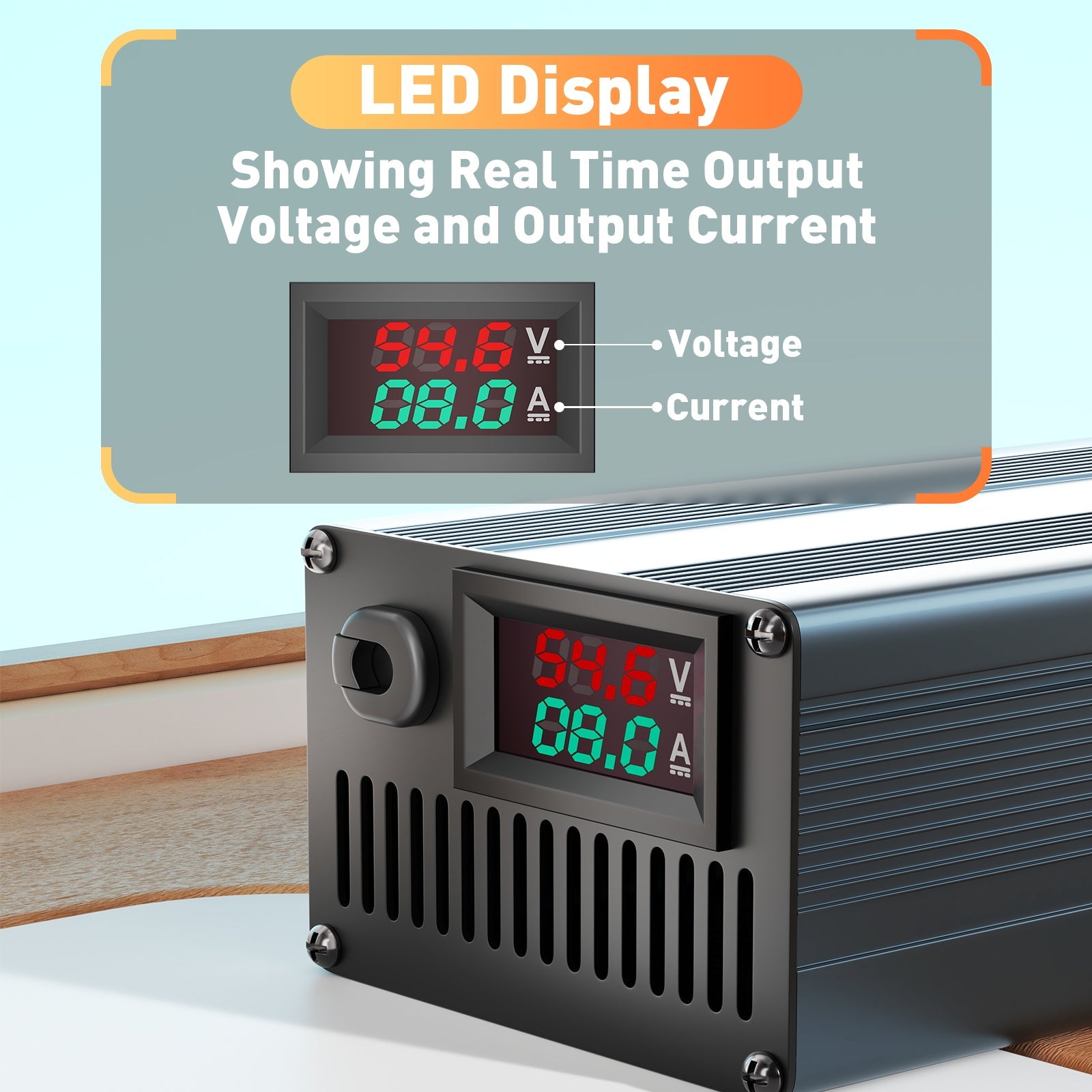Suraziki 54.6V 1-8A current adjustable lithium battery charger for 13S 48V Li-ion / ternary lithium / polymer battery, LCD display, cooling fan, aluminum case