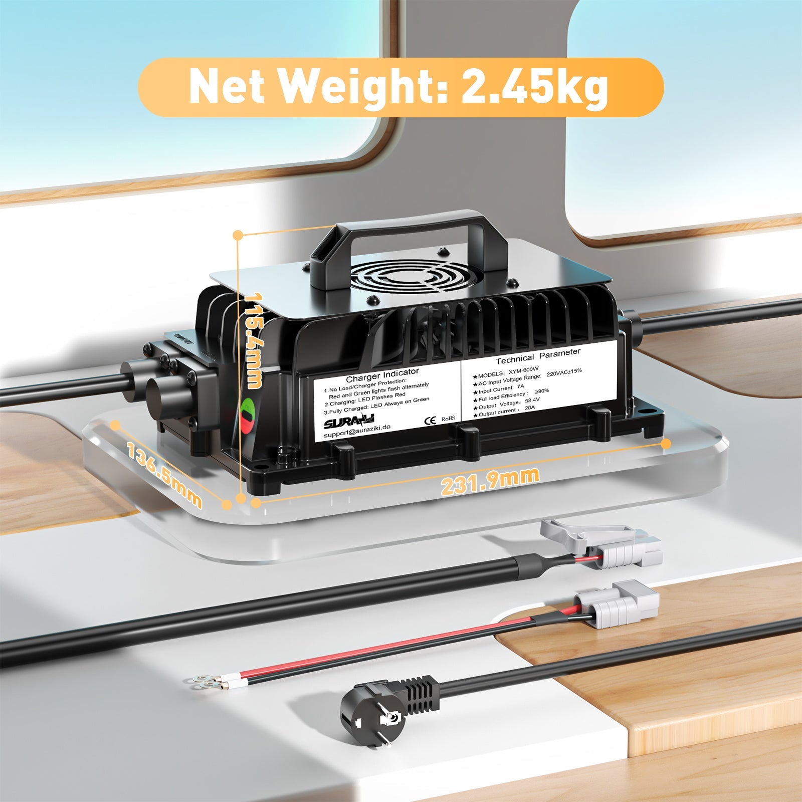 Suraziki 51,2V (48V 16)SLiFePO4 batterioplader, 58,4V 20A vandtæt litiumoplader, 0V BMS-aktivering, til golfvogn, trollingmotor