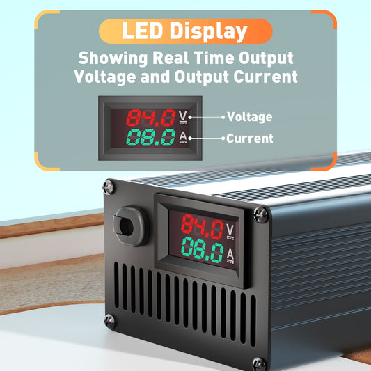 Suraziki 84V 1-8A justerbar litiumbatterioplader til 20S 74V 72V Li-ion / ternært lithium / polymer batteri, Ebike Scooter elektrisk motorcykel batterioplader