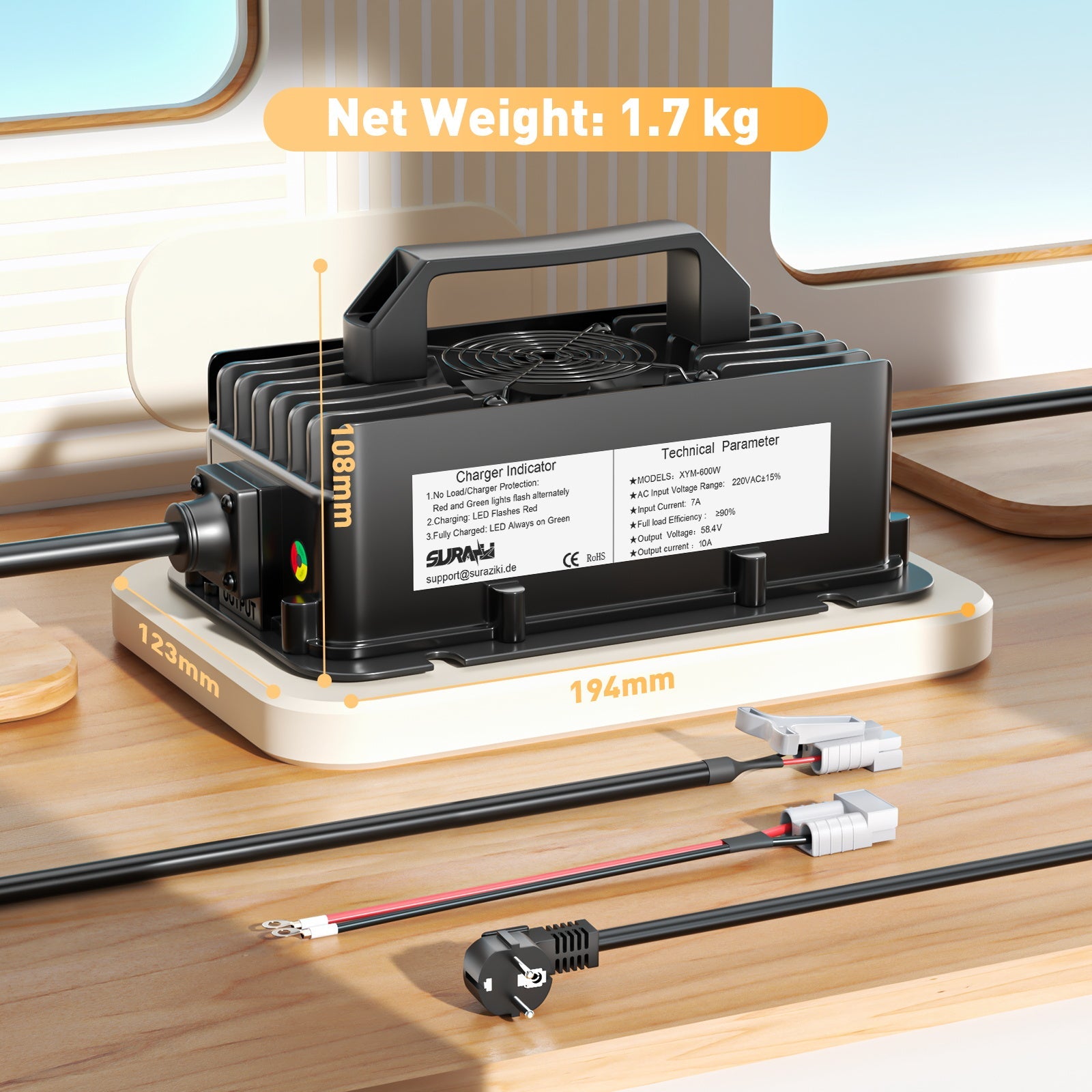 Suraziki 51,2V (48V 16)SLiFePO4 batterioplader, 58,4V 10A vandtæt litiumoplader, 0V BMS-aktivering, automatisk afbrydelse