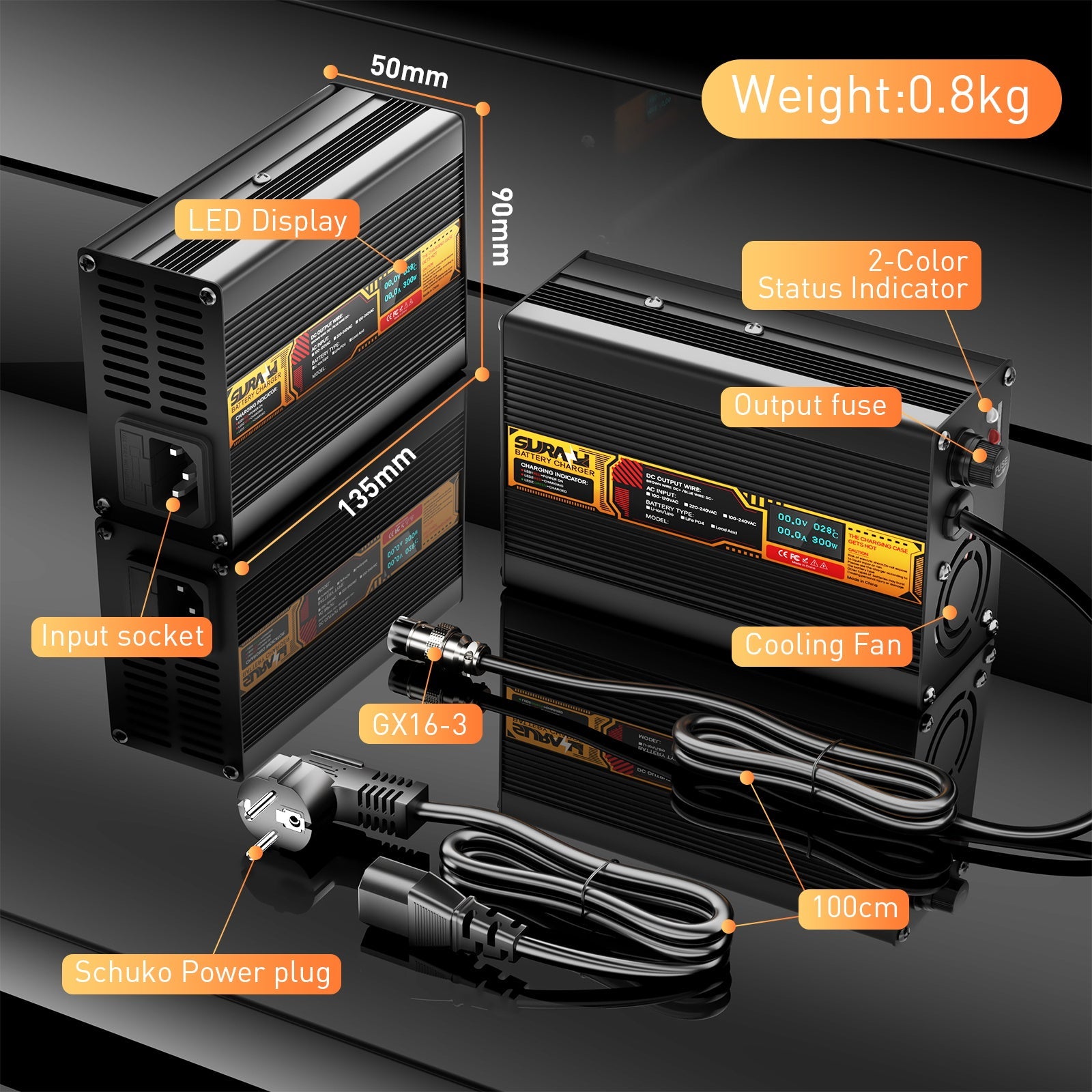 Suraziki Lithium 79.8V 3A Battery Charger for 70.3V Lithium-ion polymer batteries, LED Display, Full Protection，Aluminum alloy shell