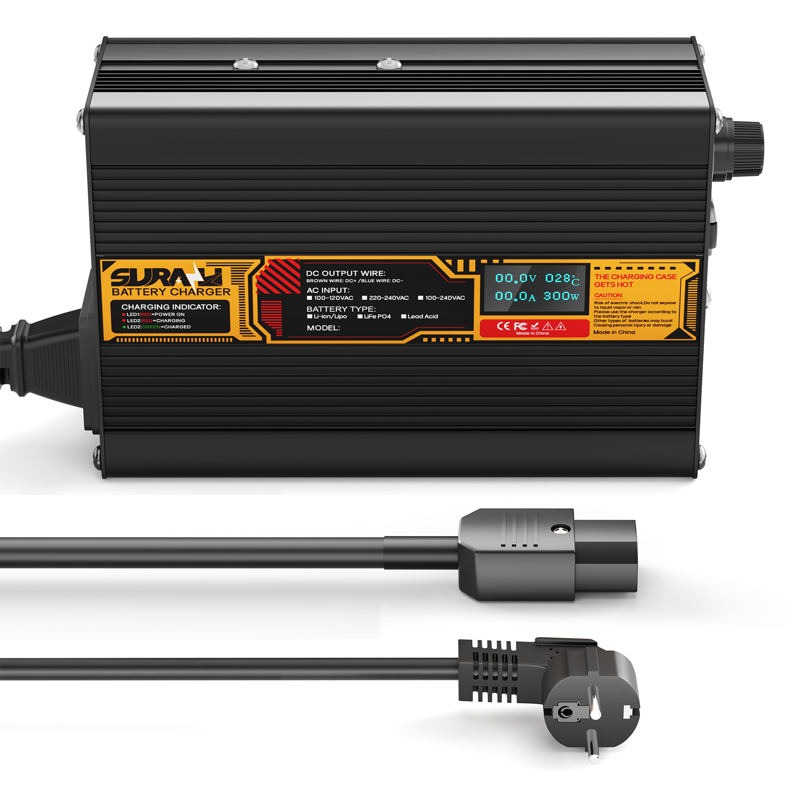 Suraziki Blei-Säure-Batterie, 60 V, 3 A, Batterieladegerät für 60 V Blei-Säure-AGM-GEL-Deep-Cycle- und Autostart-Batterien, LED-Anzeige, vollständiger Schutz, Gehäuse aus Aluminiumlegierung