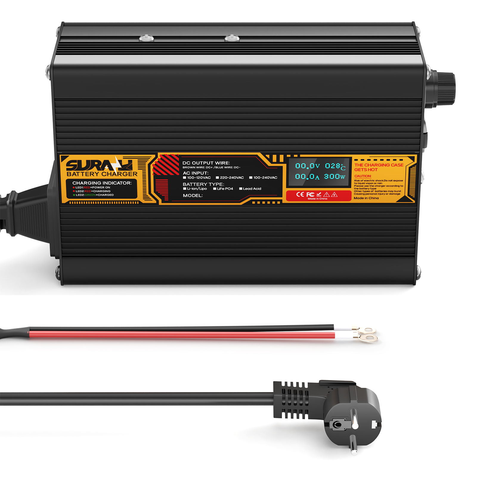 Suraziki Blei-Säure-Batterie, 60 V, 2 A, Batterieladegerät für 60 V Blei-Säure-AGM-GEL-Deep-Cycle- und Autostart-Batterien, LED-Anzeige, vollständiger Schutz, Gehäuse aus Aluminiumlegierung