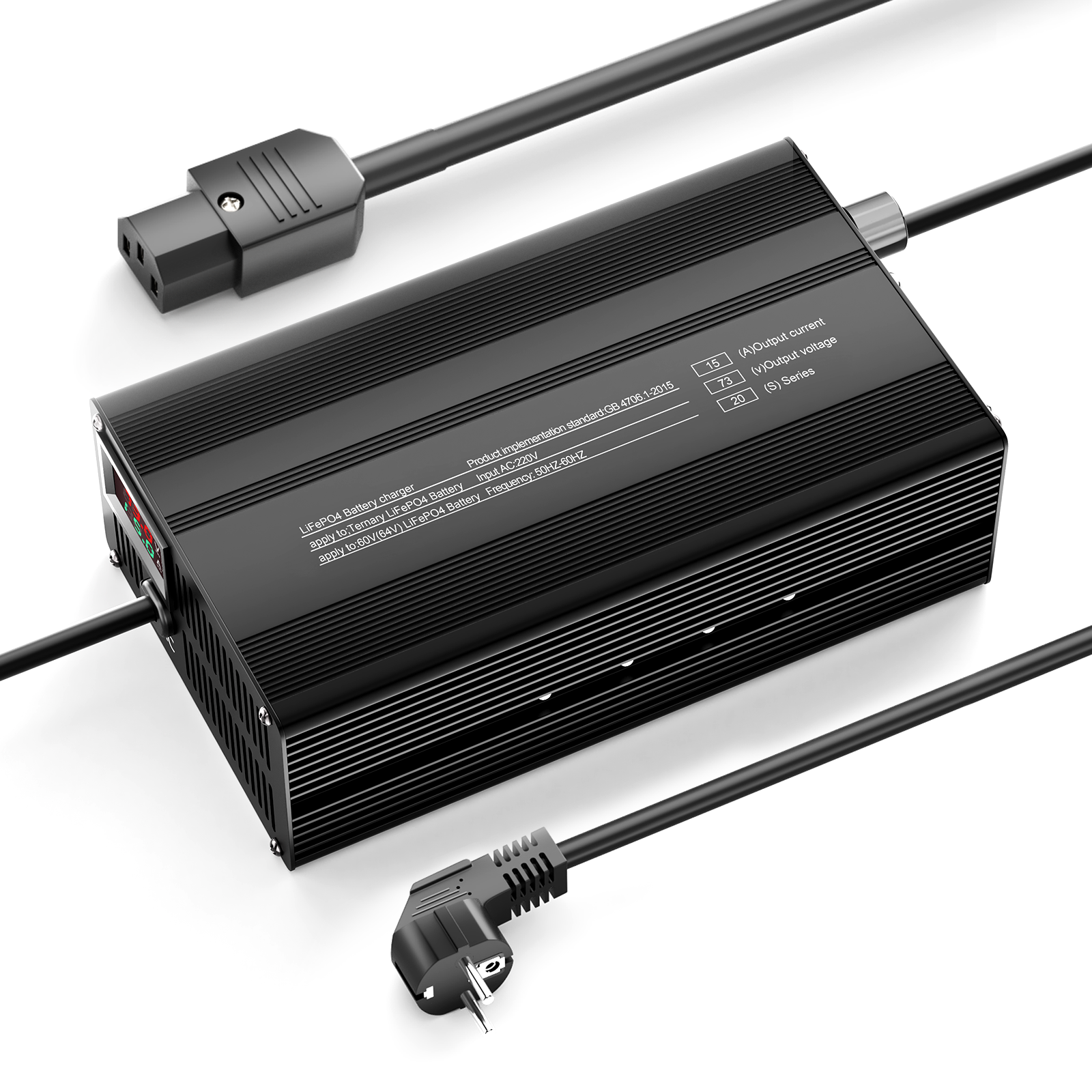 Suraziki 73V 1-15A Adjustable Current Lithium LiFePO4 Battery Charger for 20S 64V (60V) LiFePO4 Battery, Cooling Fan, Aluminum Alloy Case, LCD Display