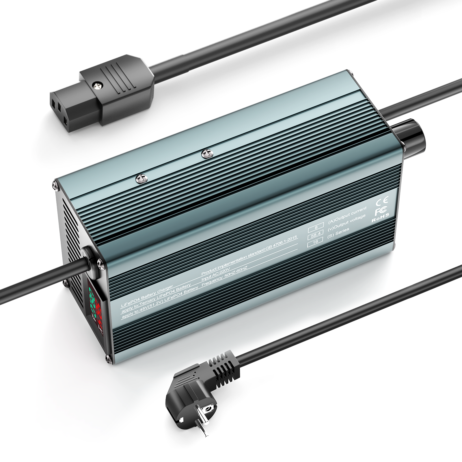 Suraziki 58,4V 1-8A strømjusterbar Lithium LiFePO4 batterioplader til 51,2V (48V) LiFePO4 batteri, golfvogn, trollingmotor, autocamper, bådbatterioplader