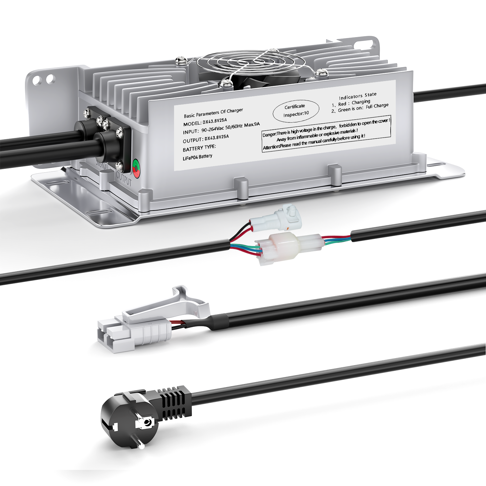 Suraziki 36V 25A Lithium Lifepo4 Batterioplader, 43,8V Ladespænding til 36V (38,4V) 12S Batteri, vandtæt, 0V BMS-aktivering, med låsekabel til elbiler, elcykler og golfvogne