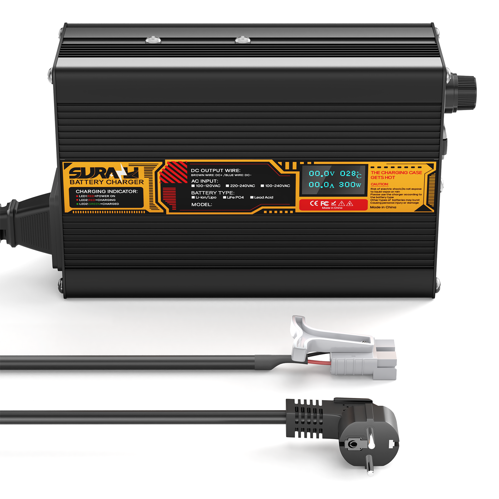 Suraziki Blei-Säure-Batterie, 60 V, 3 A, Batterieladegerät für 60 V Blei-Säure-AGM-GEL-Deep-Cycle- und Autostart-Batterien, LED-Anzeige, vollständiger Schutz, Gehäuse aus Aluminiumlegierung