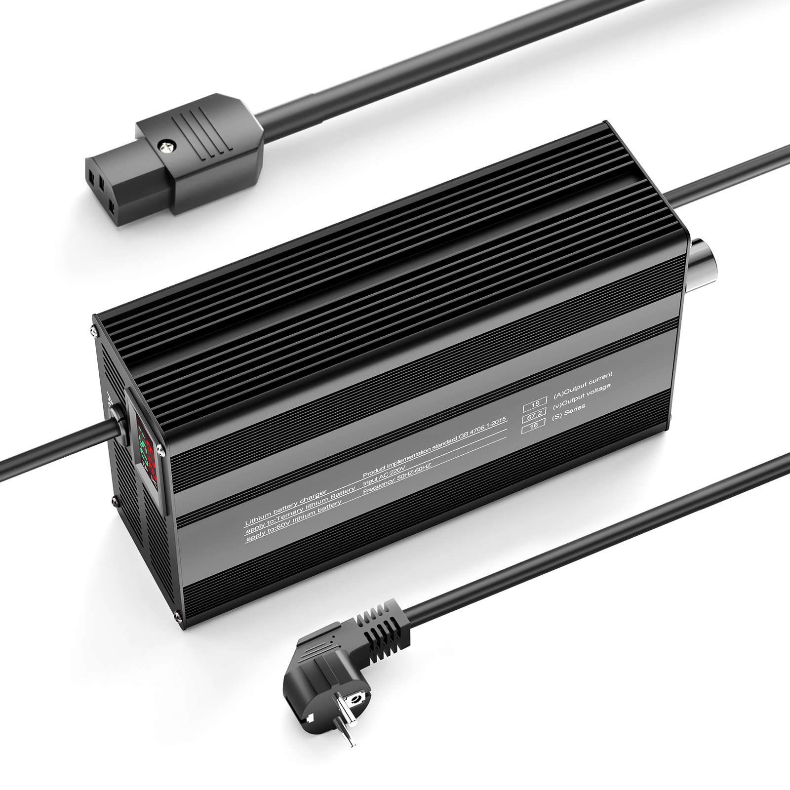 Suraziki 67.2V 1-15A justerbar litiumbatterioplader til 16S 59,2V Li-Ion/Ternære Lithium/Polymer Batterier, Ebike Scooter Batterioplader