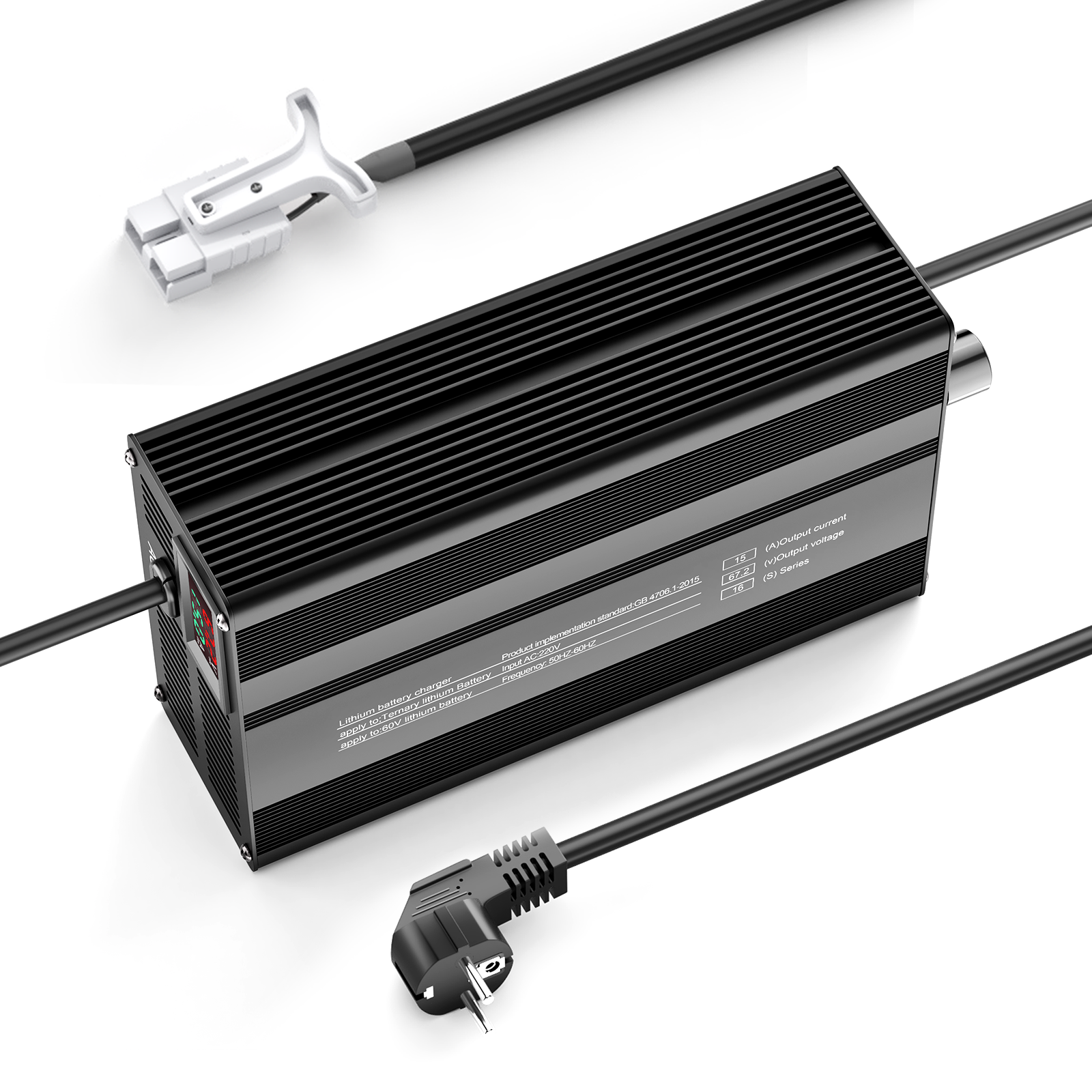 Suraziki 67.2V 1-15A justerbar litiumbatterioplader til 16S 59,2V Li-Ion/Ternære Lithium/Polymer Batterier, Ebike Scooter Batterioplader