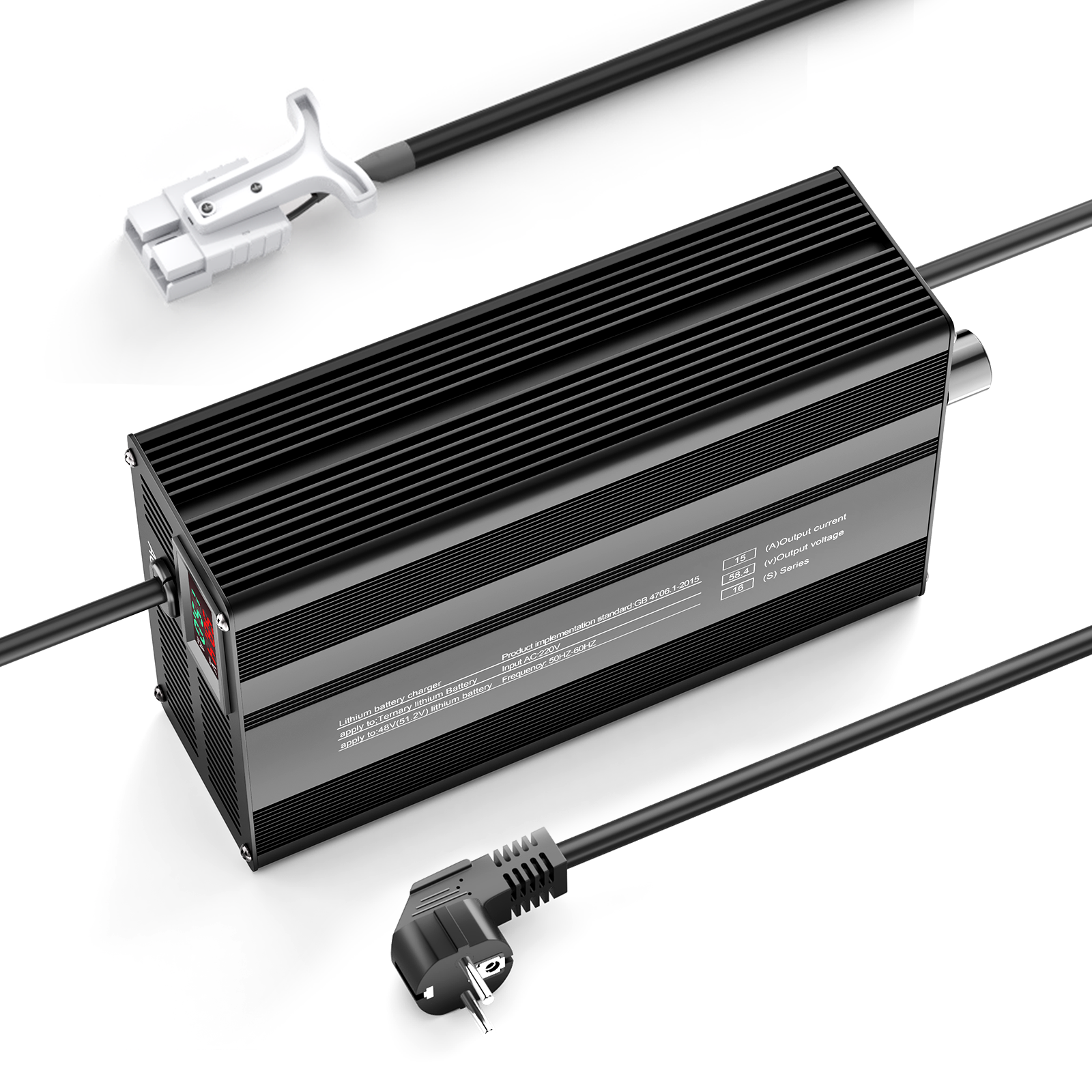 Suraziki 58,4V 1-15A justerbar strøm litium LiFePO4 batterioplader til 16S 51,2V (48V) LiFePO4-batteri, køleventilator, aluminiumslegeringshus, LCD-skærm
