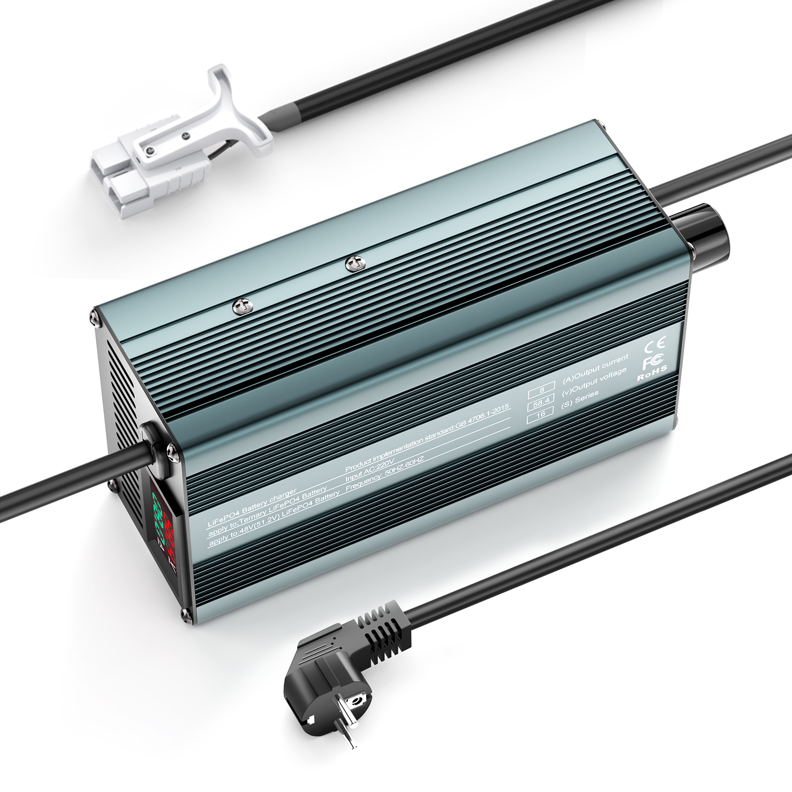 Suraziki 58,4V 1-8A strømjusterbar Lithium LiFePO4 batterioplader til 51,2V (48V) LiFePO4 batteri, golfvogn, trollingmotor, autocamper, bådbatterioplader