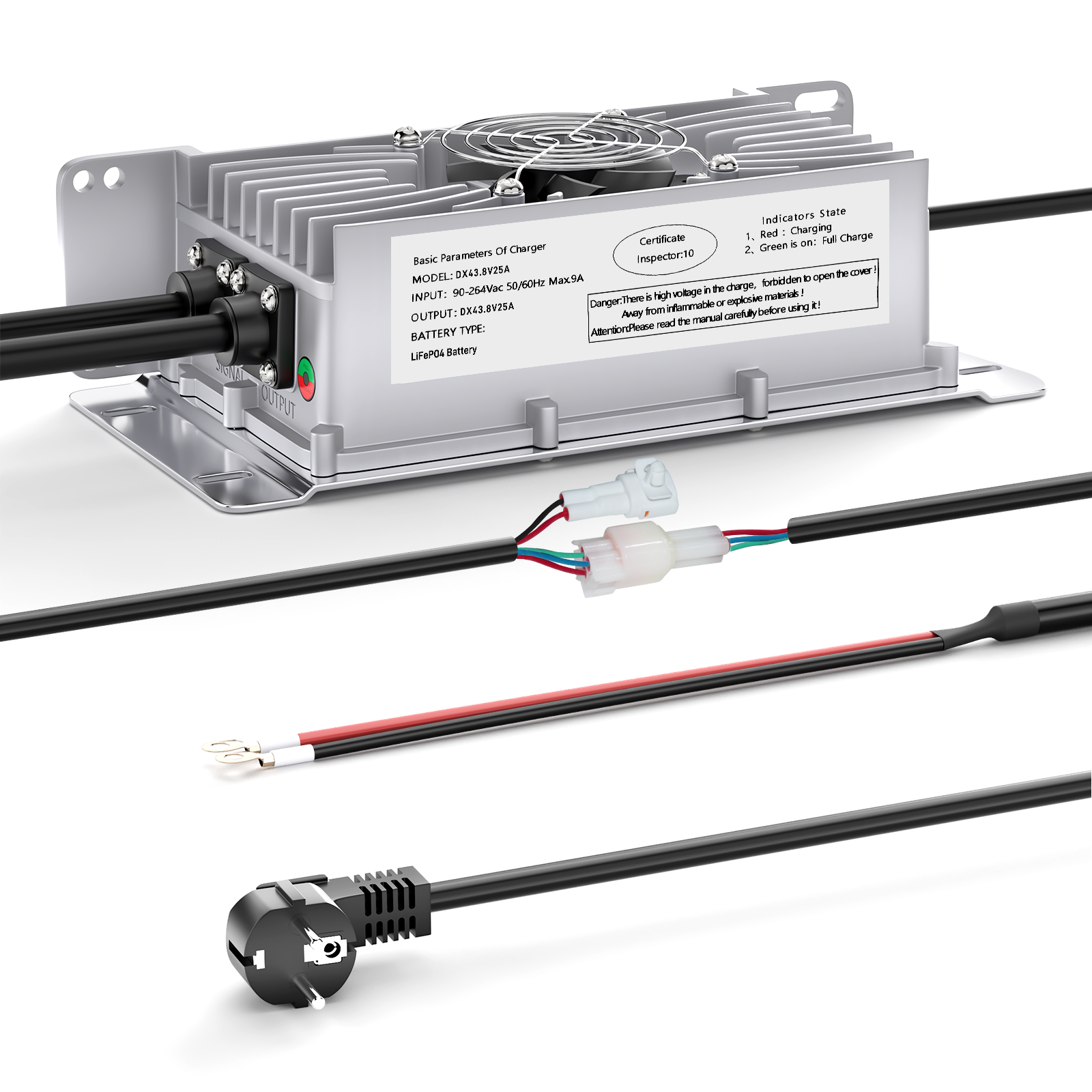 Suraziki 36V 25A Lithium Lifepo4 Batterioplader, 43,8V Ladespænding til 36V (38,4V) 12S Batteri, vandtæt, 0V BMS-aktivering, med låsekabel til elbiler, elcykler og golfvogne