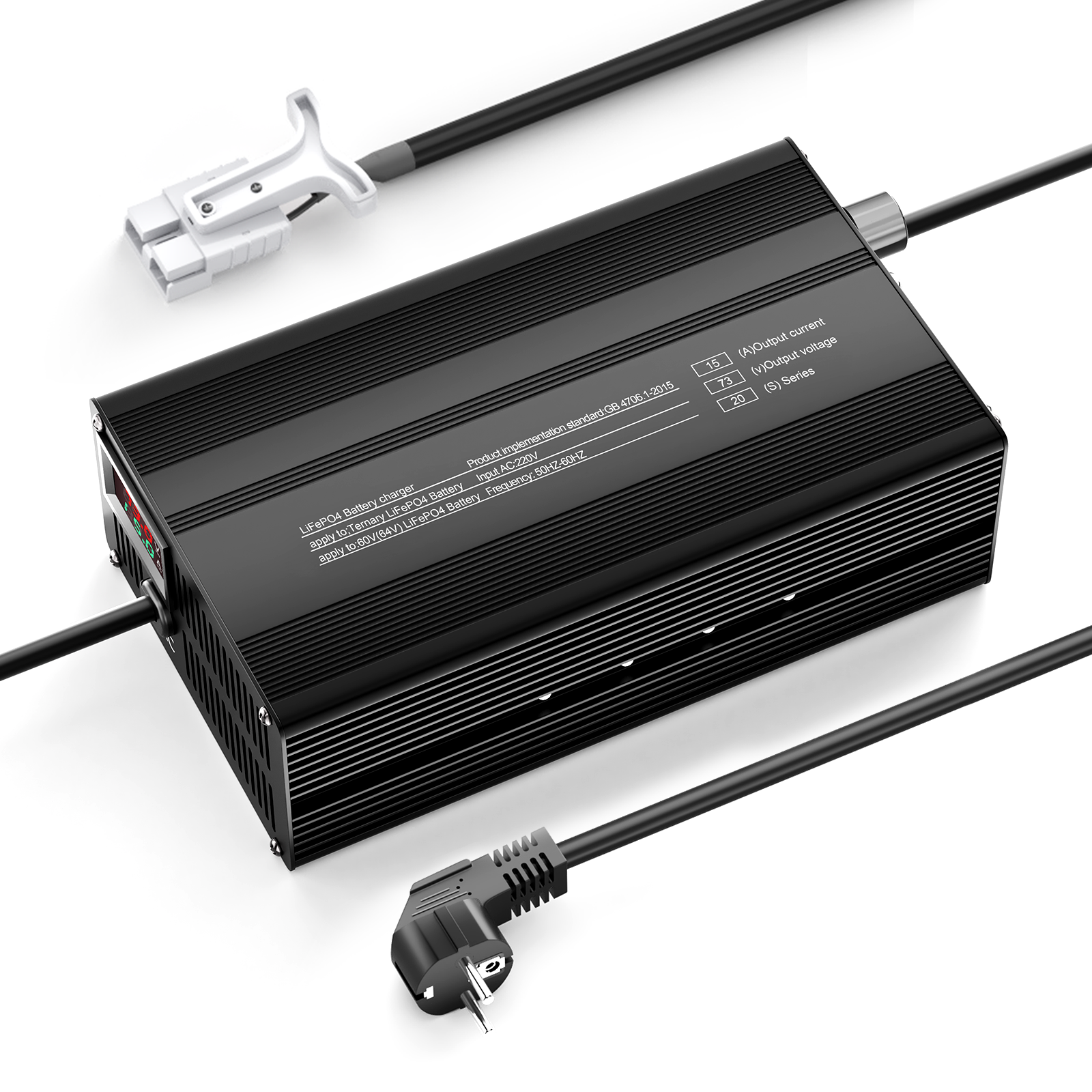 Suraziki 73V 1-15A Adjustable Current Lithium LiFePO4 Battery Charger for 20S 64V (60V) LiFePO4 Battery, Cooling Fan, Aluminum Alloy Case, LCD Display