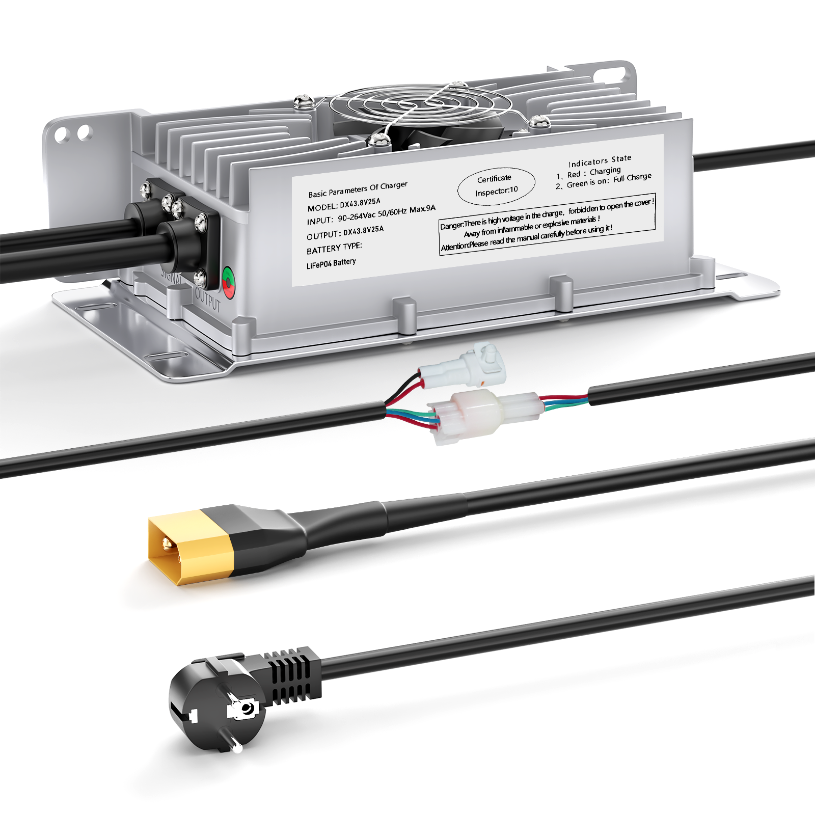 Suraziki 36V 25A Lithium Lifepo4 Batterioplader, 43,8V Ladespænding til 36V (38,4V) 12S Batteri, vandtæt, 0V BMS-aktivering, med låsekabel til elbiler, elcykler og golfvogne