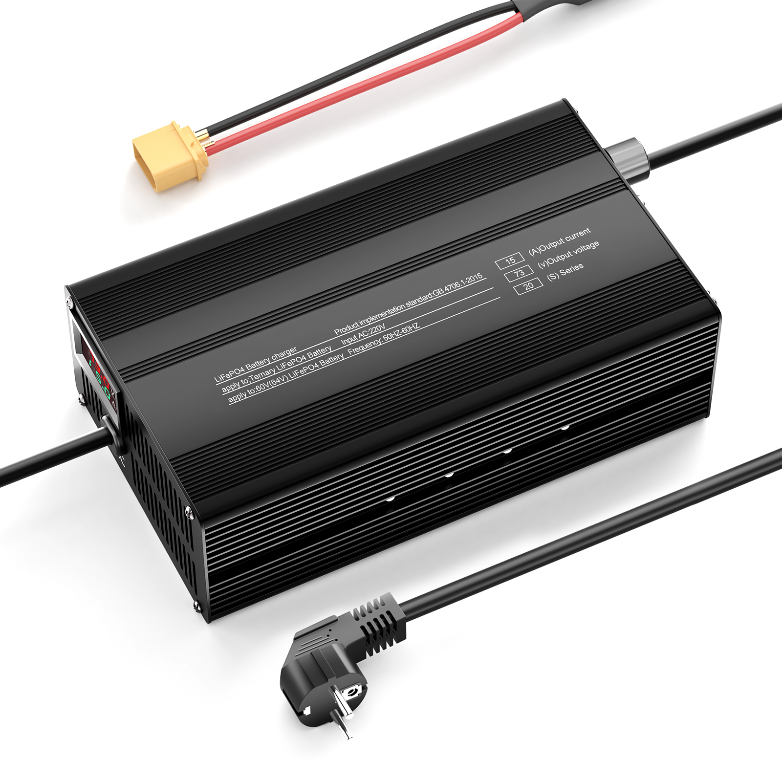 Suraziki 73V 1-15A Adjustable Current Lithium LiFePO4 Battery Charger for 20S 64V (60V) LiFePO4 Battery, Cooling Fan, Aluminum Alloy Case, LCD Display