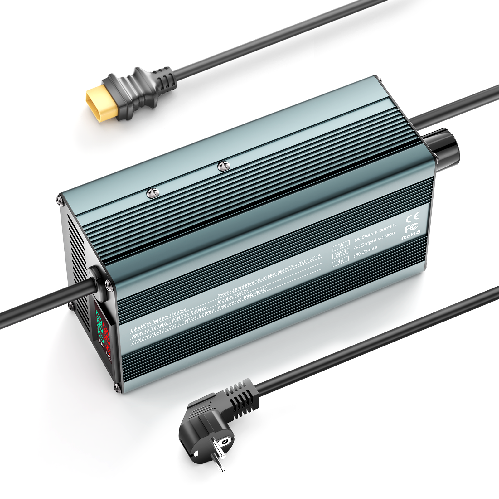 Suraziki 58,4V 1-8A strømjusterbar Lithium LiFePO4 batterioplader til 51,2V (48V) LiFePO4 batteri, golfvogn, trollingmotor, autocamper, bådbatterioplader