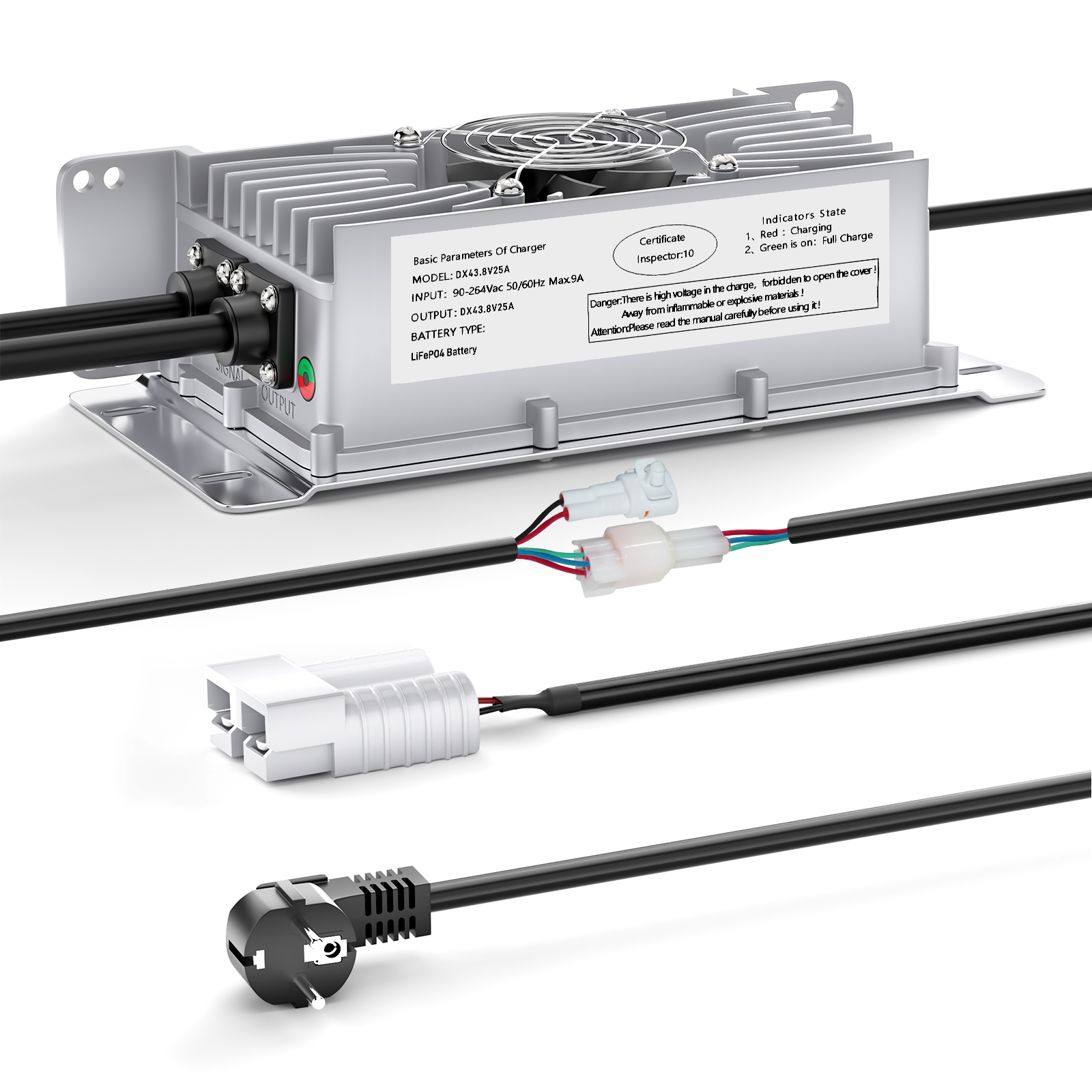 Suraziki 36V 25A Lithium Lifepo4 Batterioplader, 43,8V Ladespænding til 36V (38,4V) 12S Batteri, vandtæt, 0V BMS-aktivering, med låsekabel til elbiler, elcykler og golfvogne