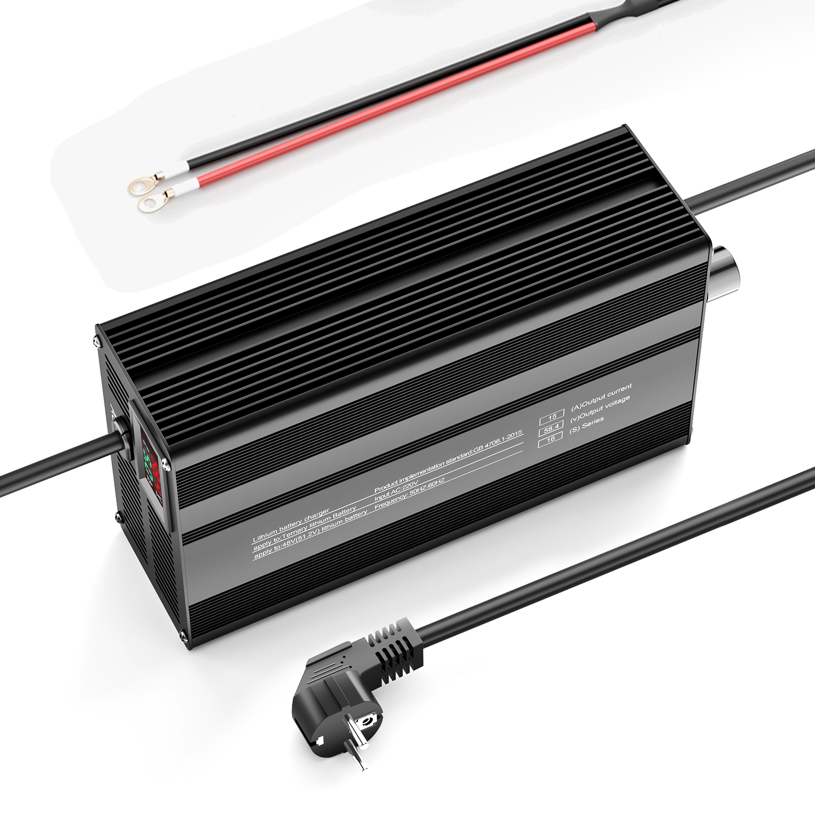 Suraziki 58,4V 1-15A justerbar strøm litium LiFePO4 batterioplader til 16S 51,2V (48V) LiFePO4-batteri, køleventilator, aluminiumslegeringshus, LCD-skærm