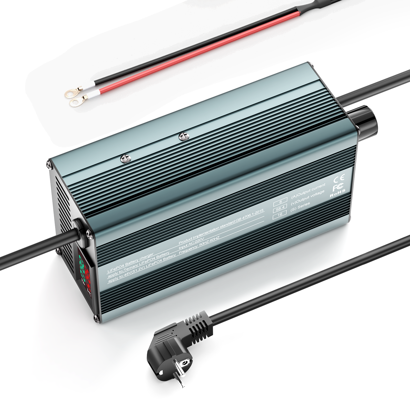 Suraziki 58,4V 1-8A strømjusterbar Lithium LiFePO4 batterioplader til 51,2V (48V) LiFePO4 batteri, golfvogn, trollingmotor, autocamper, bådbatterioplader