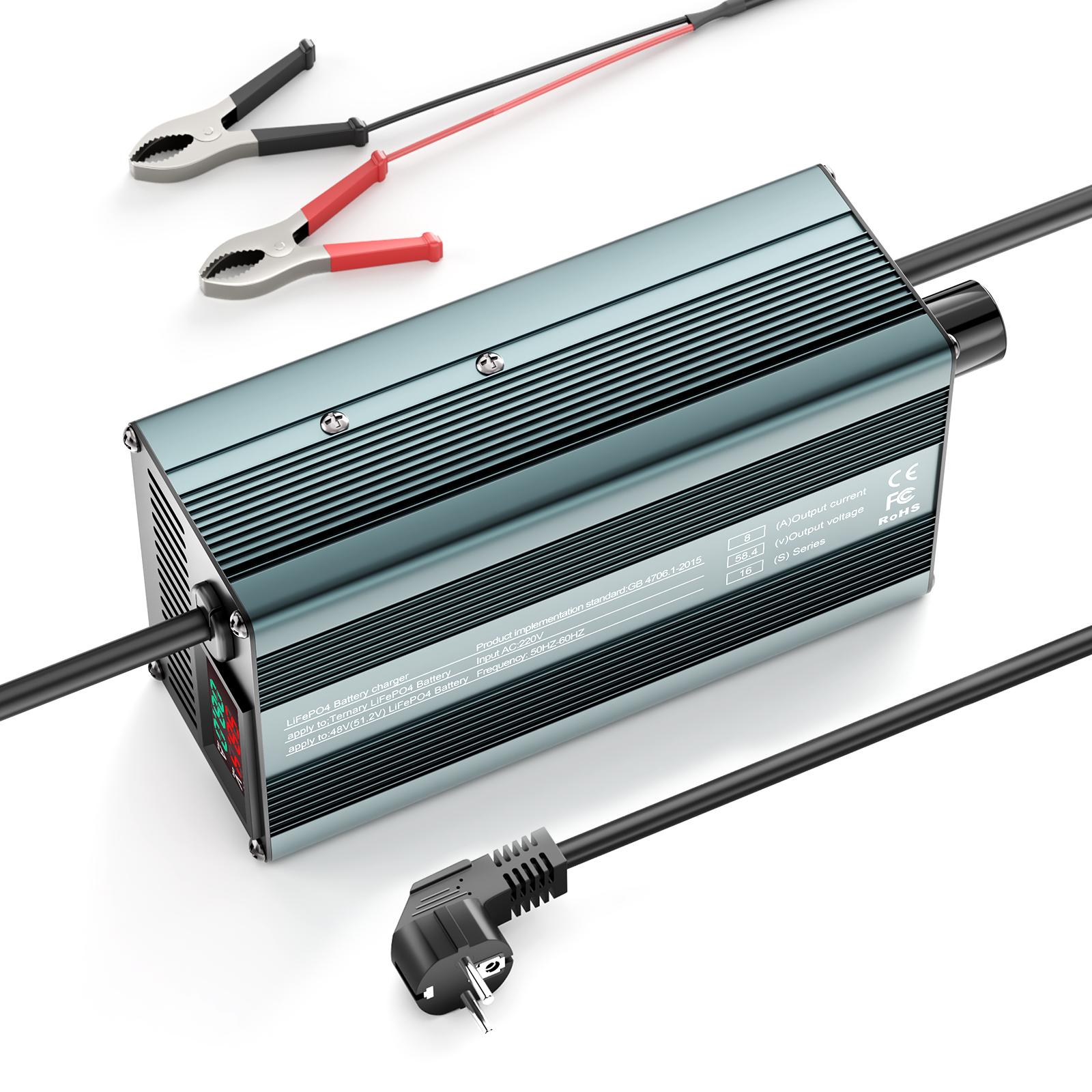 Suraziki 58,4V 1-8A strømjusterbar Lithium LiFePO4 batterioplader til 51,2V (48V) LiFePO4 batteri, golfvogn, trollingmotor, autocamper, bådbatterioplader