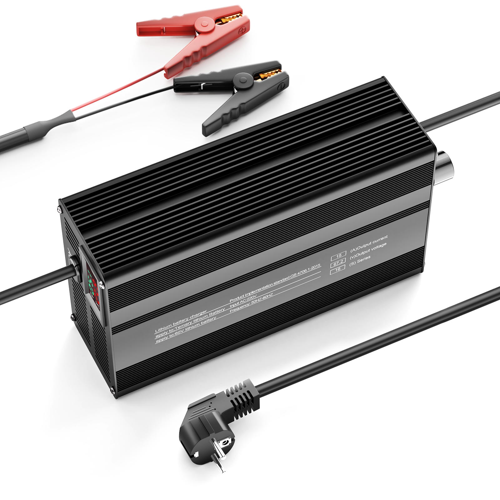 Suraziki 67.2V 1-15A justerbar litiumbatterioplader til 16S 59,2V Li-Ion/Ternære Lithium/Polymer Batterier, Ebike Scooter Batterioplader