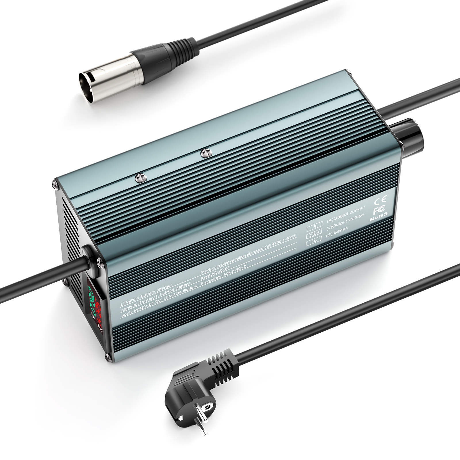 Suraziki 58,4V 1-8A strømjusterbar Lithium LiFePO4 batterioplader til 51,2V (48V) LiFePO4 batteri, golfvogn, trollingmotor, autocamper, bådbatterioplader