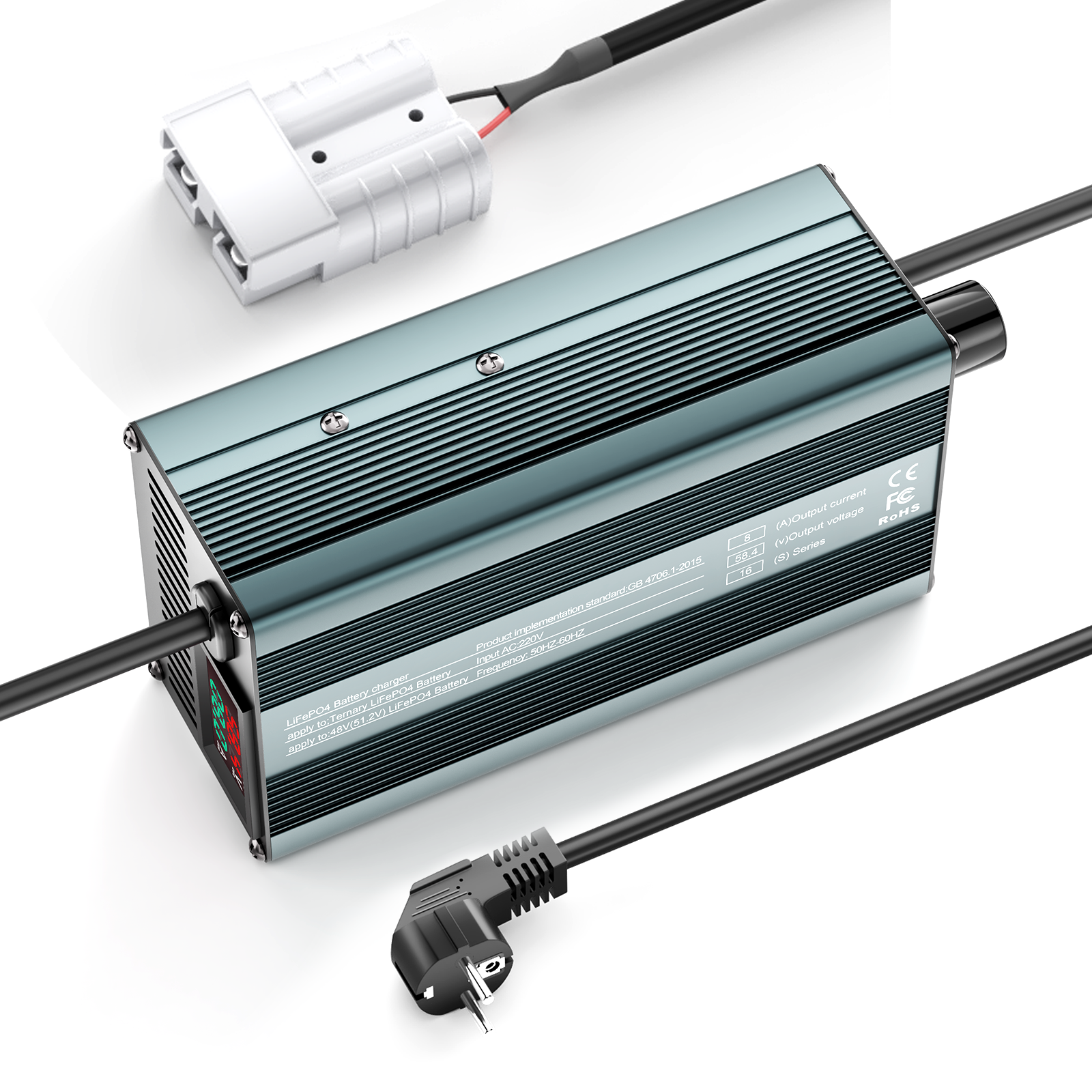 Suraziki 58,4V 1-8A strømjusterbar Lithium LiFePO4 batterioplader til 51,2V (48V) LiFePO4 batteri, golfvogn, trollingmotor, autocamper, bådbatterioplader