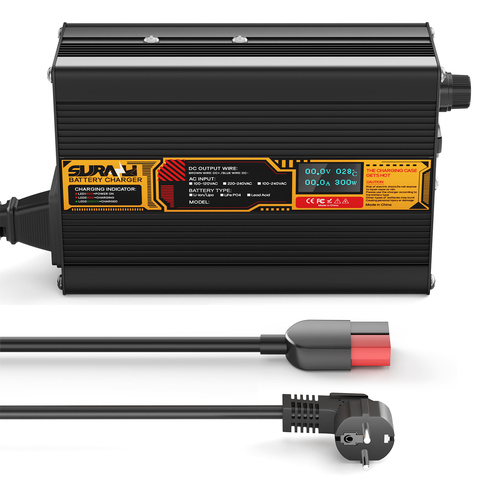 Suraziki Blei-Säure-Batterie, 60 V, 3 A, Batterieladegerät für 60 V Blei-Säure-AGM-GEL-Deep-Cycle- und Autostart-Batterien, LED-Anzeige, vollständiger Schutz, Gehäuse aus Aluminiumlegierung