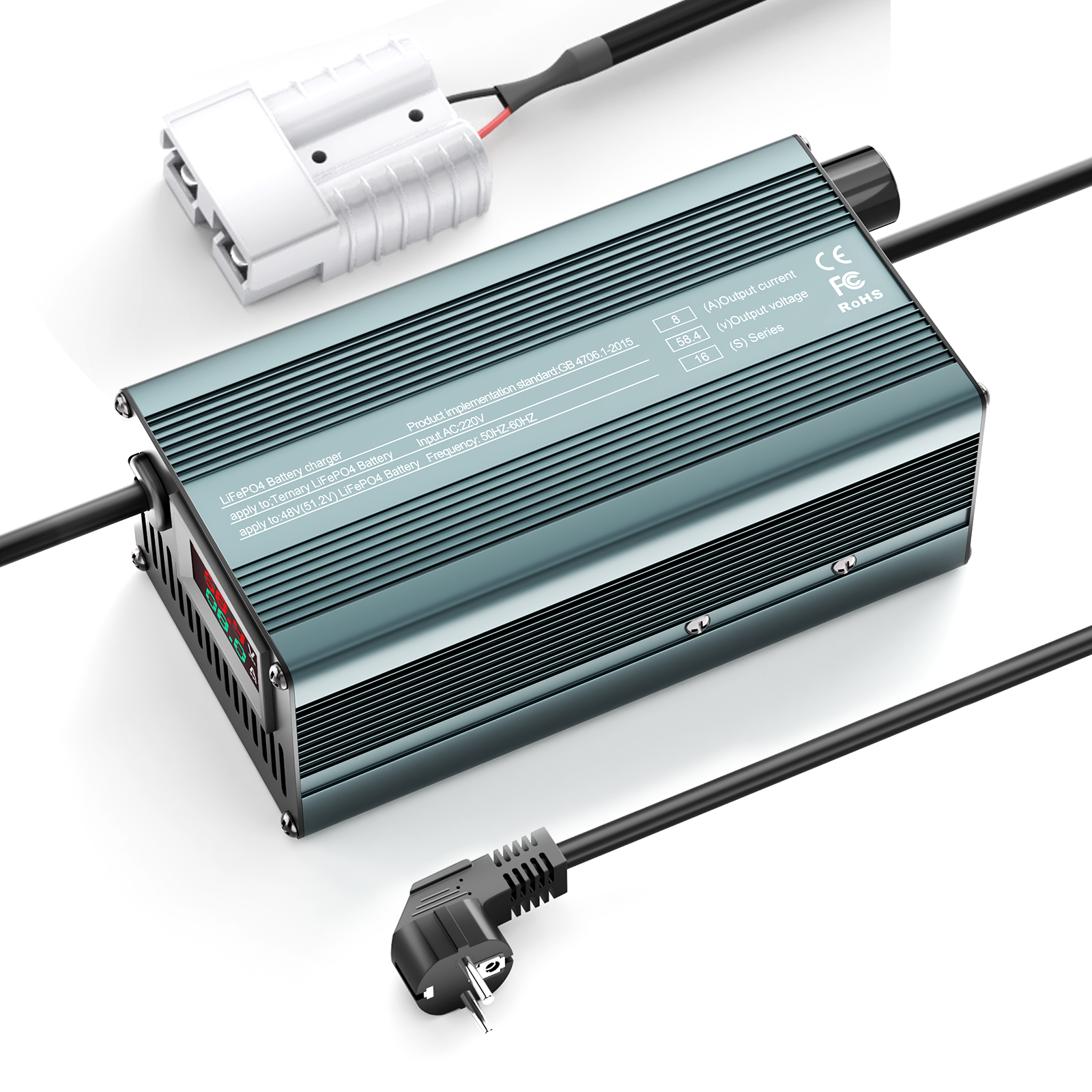 Suraziki 58,4V 1-8A strømjusterbar Lithium LiFePO4 batterioplader til 51,2V (48V) LiFePO4 batteri, golfvogn, trollingmotor, autocamper, bådbatterioplader