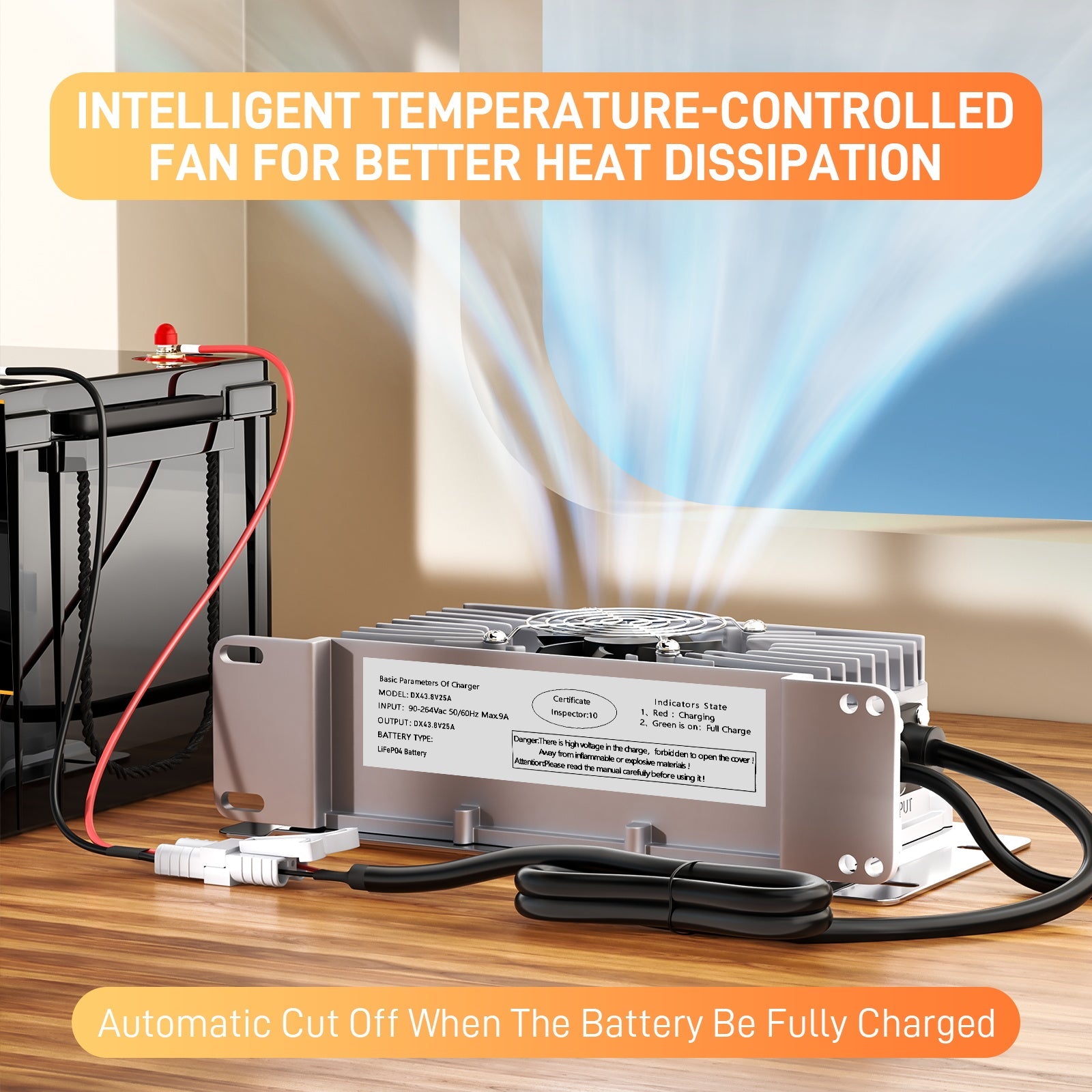 Suraziki 36V 25A Lithium Lifepo4 Batterioplader, 43,8V Ladespænding til 36V (38,4V) 12S Batteri, vandtæt, 0V BMS-aktivering, med låsekabel til elbiler, elcykler og golfvogne