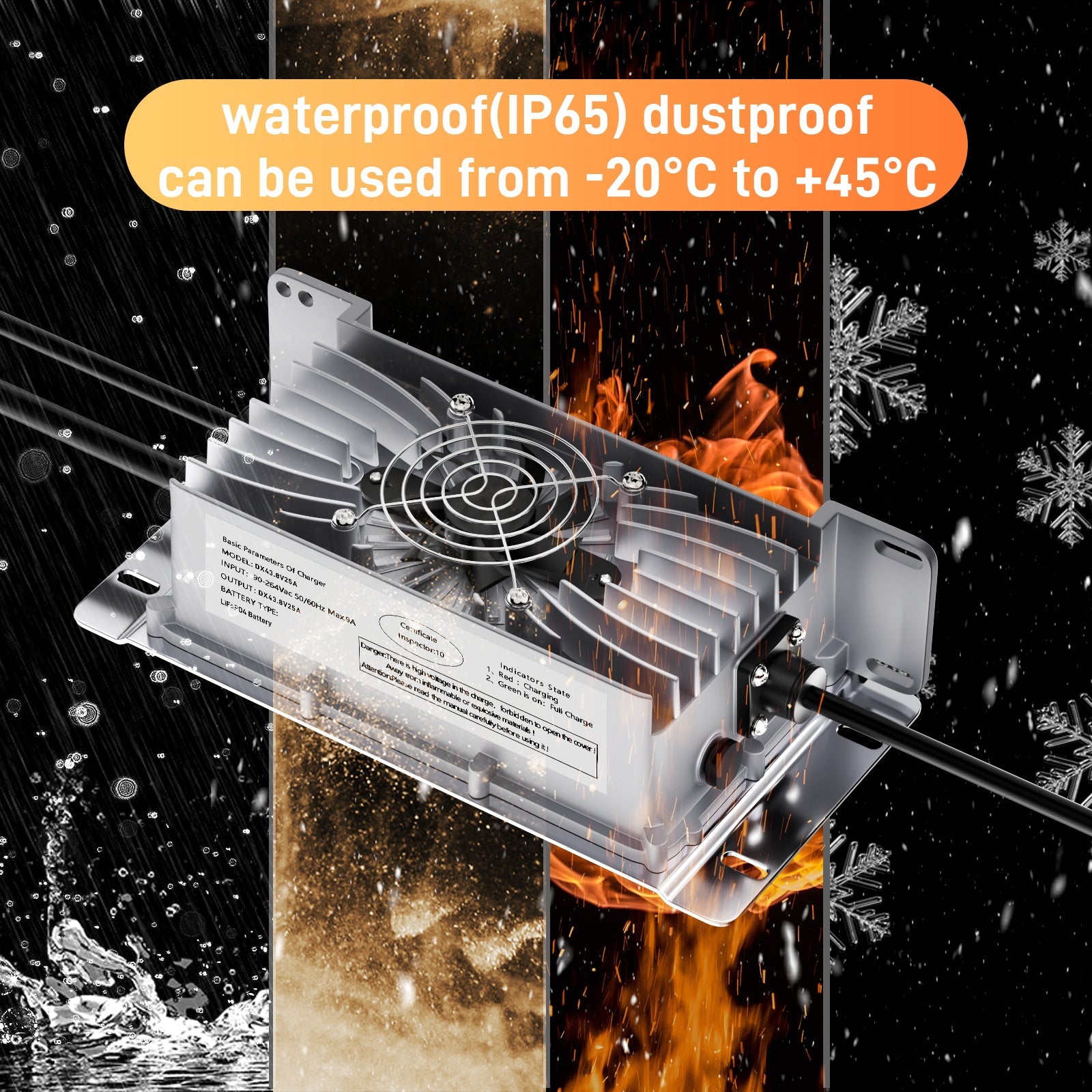 Suraziki 36V 25A Lithium Lifepo4 Batterioplader, 43,8V Ladespænding til 36V (38,4V) 12S Batteri, vandtæt, 0V BMS-aktivering, med låsekabel til elbiler, elcykler og golfvogne