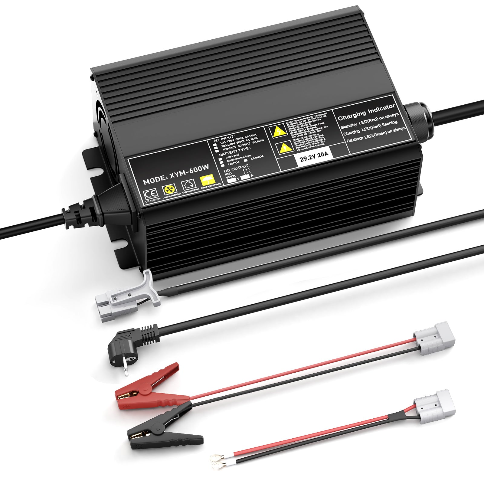 29,2V 20A LiFePO4 batterioplader til 25,6 (24V) batterier, 0V BMS-aktivering, designet til trollingmotorer, fiskeri og camping