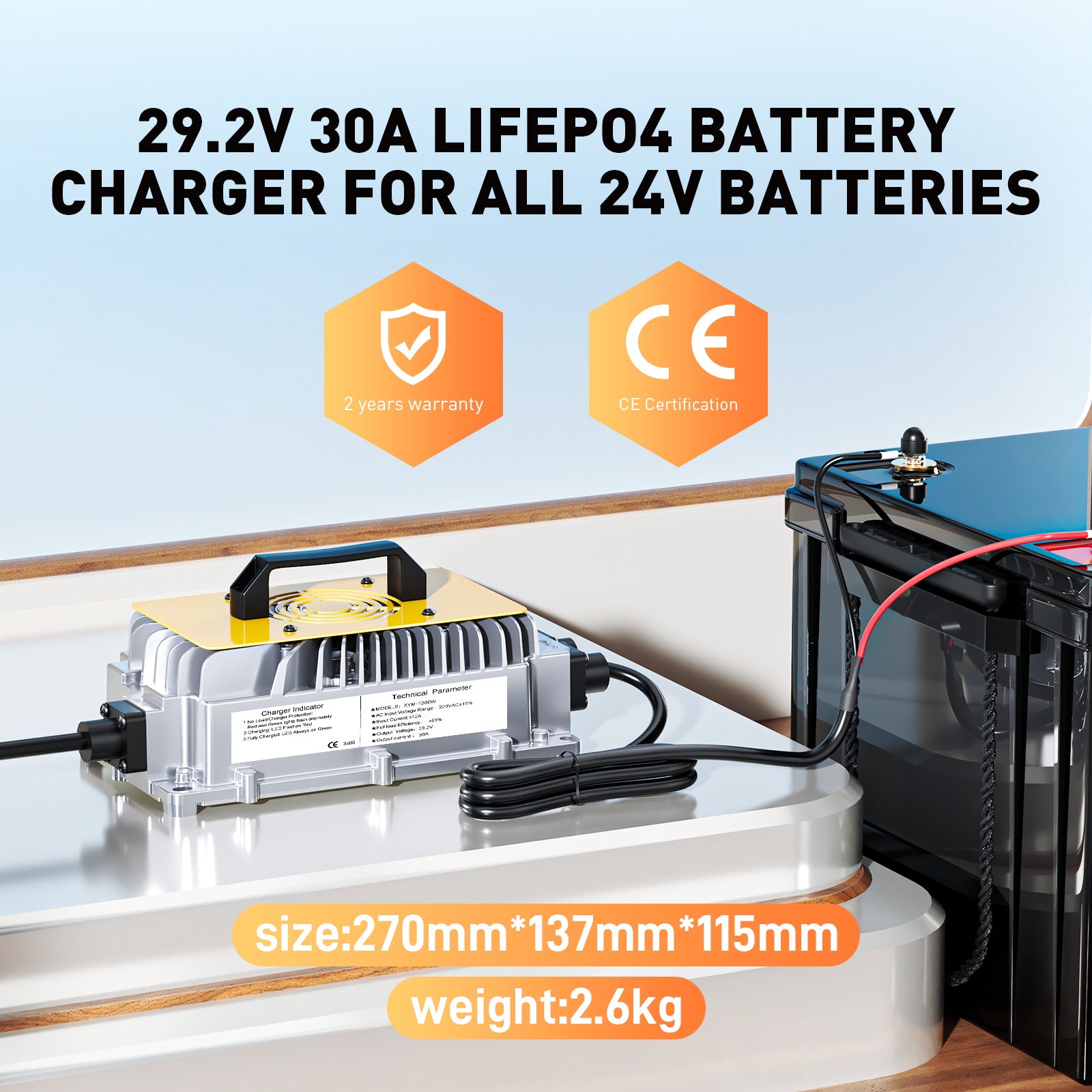 29,2V 30A LiFePO4 batterioplader til 25,6V (24V) batterier, 0V BMS-aktivering, vandtæt oplader til golfvogne, både og autocampere, med fuld beskyttelse