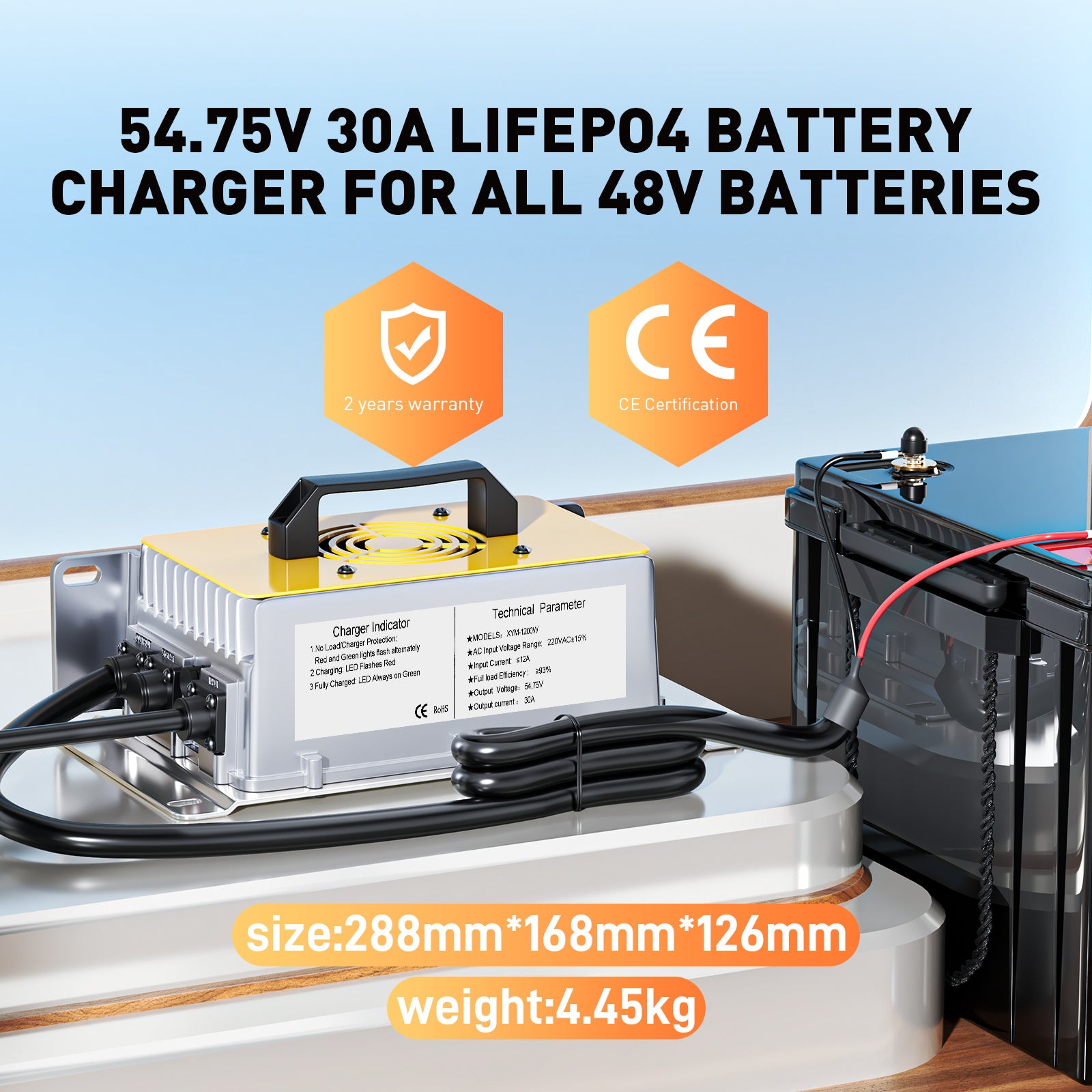 Suraziki 54.75V 30A LiFePO4-oplader til 48V 15S Litiumbatterier, vandtæt aluminiumshus, automatisk slukning, med ventilator