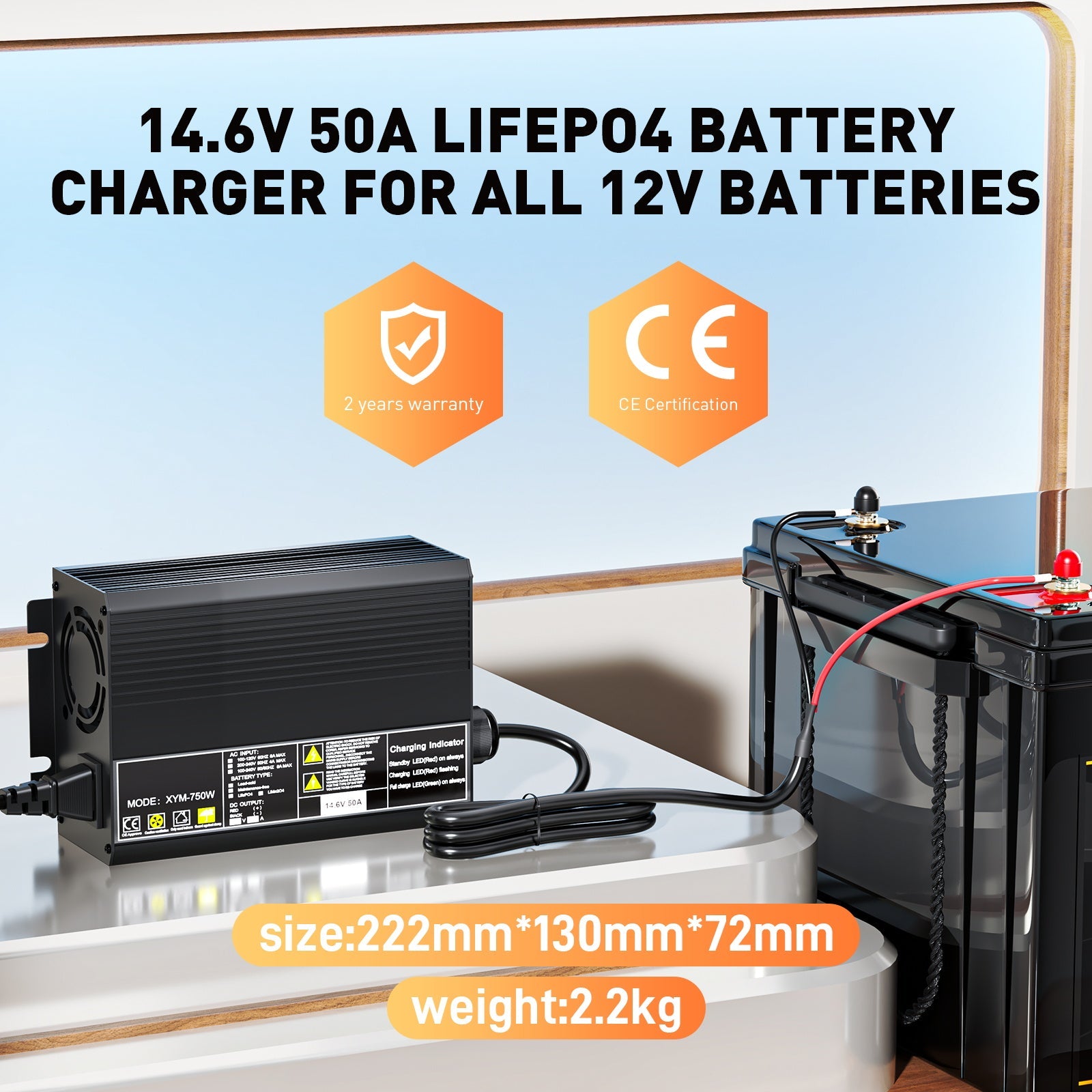 12V 50A Hurtig Lithium LiFePO4 Batterilader, Opladningsspænding 14,6V, 0V BMS Aktivering, Automatisk Afbrydelse, RV Båd Solbatterioplader