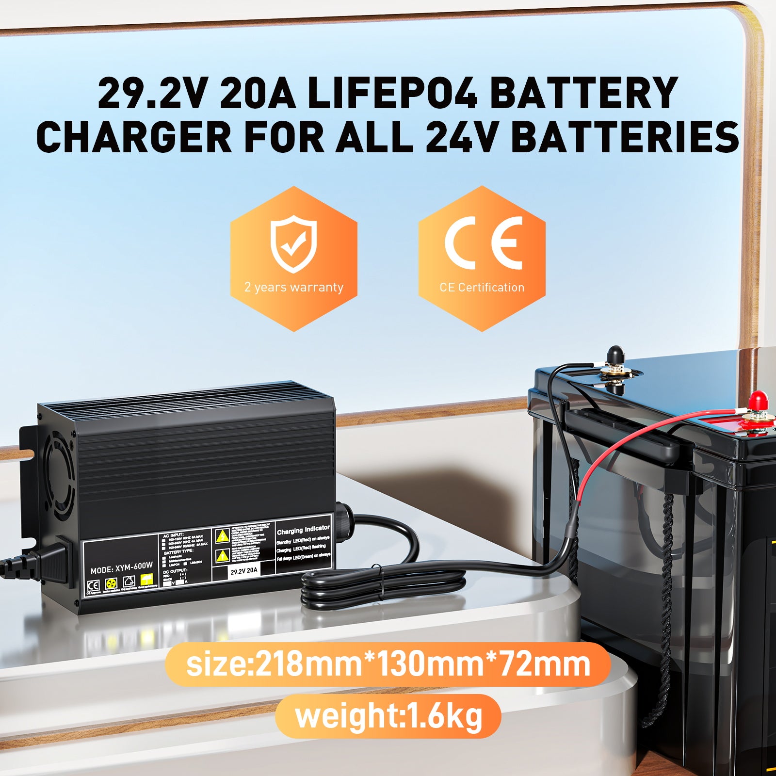 29,2V 20A LiFePO4 batterioplader til 25,6 (24V) batterier, 0V BMS-aktivering, designet til trollingmotorer, fiskeri og camping