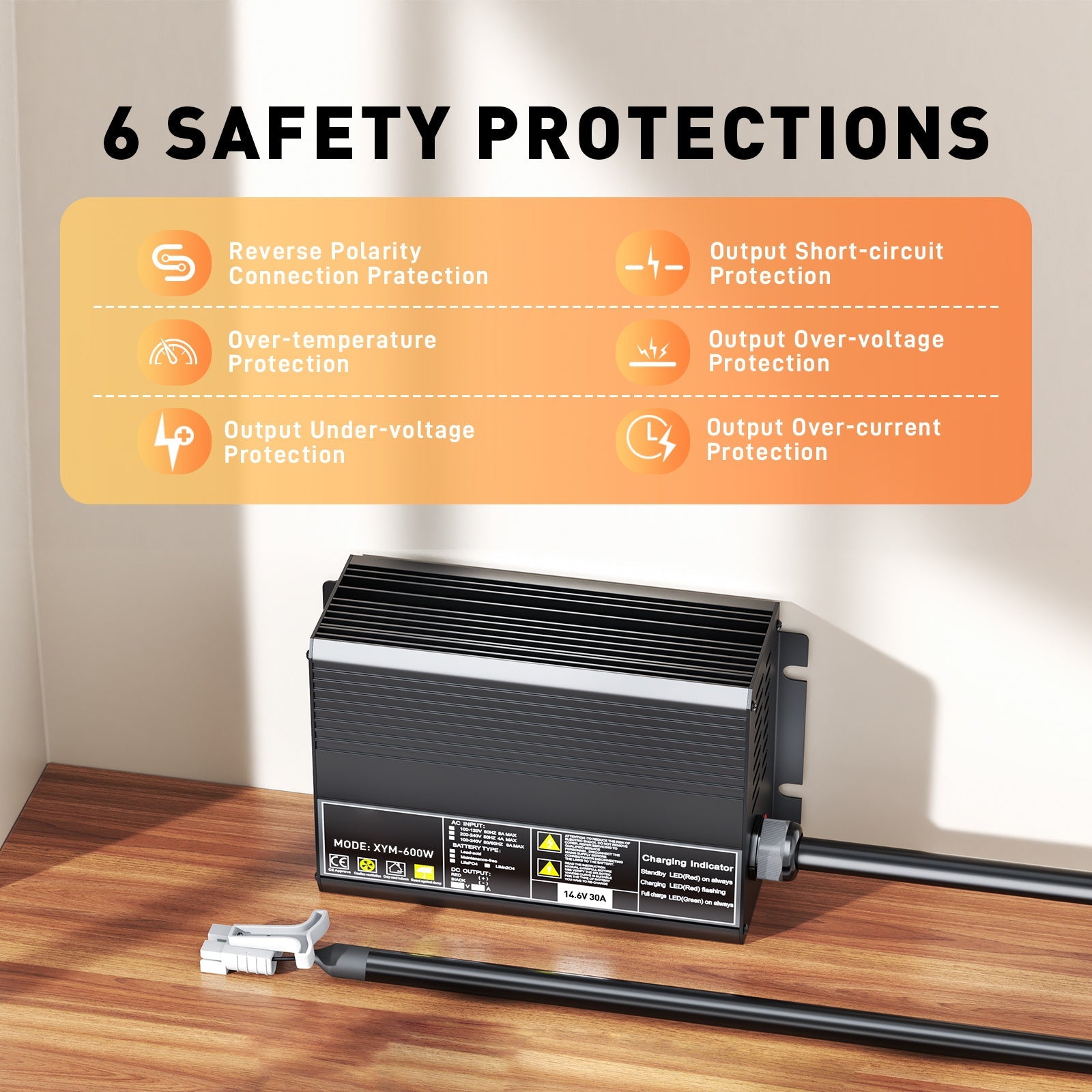 12V 30A LiFePO4 Batterilader, Opladningsspænding 14,6V, 0V BMS Aktivering, Automatisk Afbrydelse, med Anderson 50A Hurtigopladningsstik